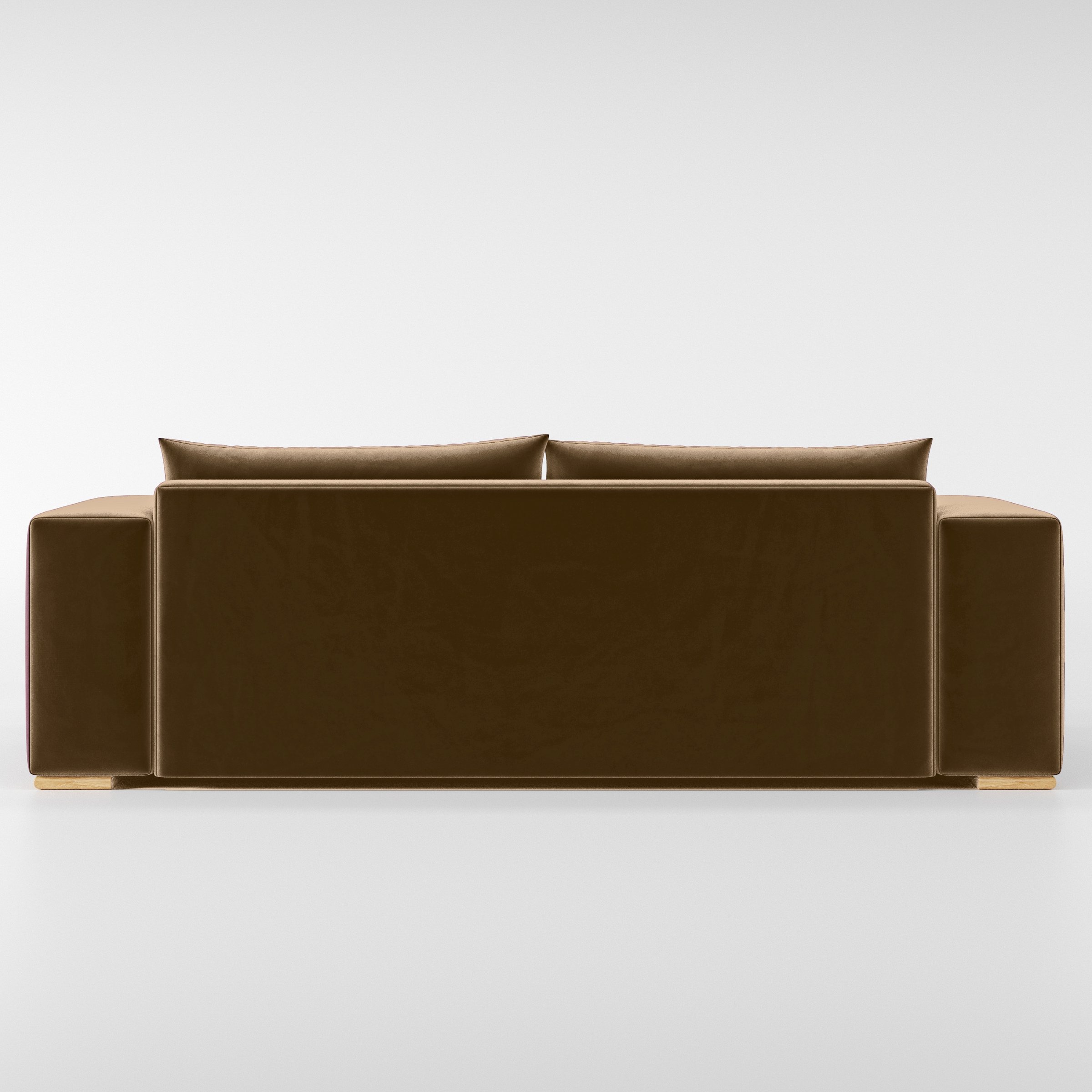 Rear view of the Fane sofa upholstered in Plush EasyClean Velvet in Caribou.