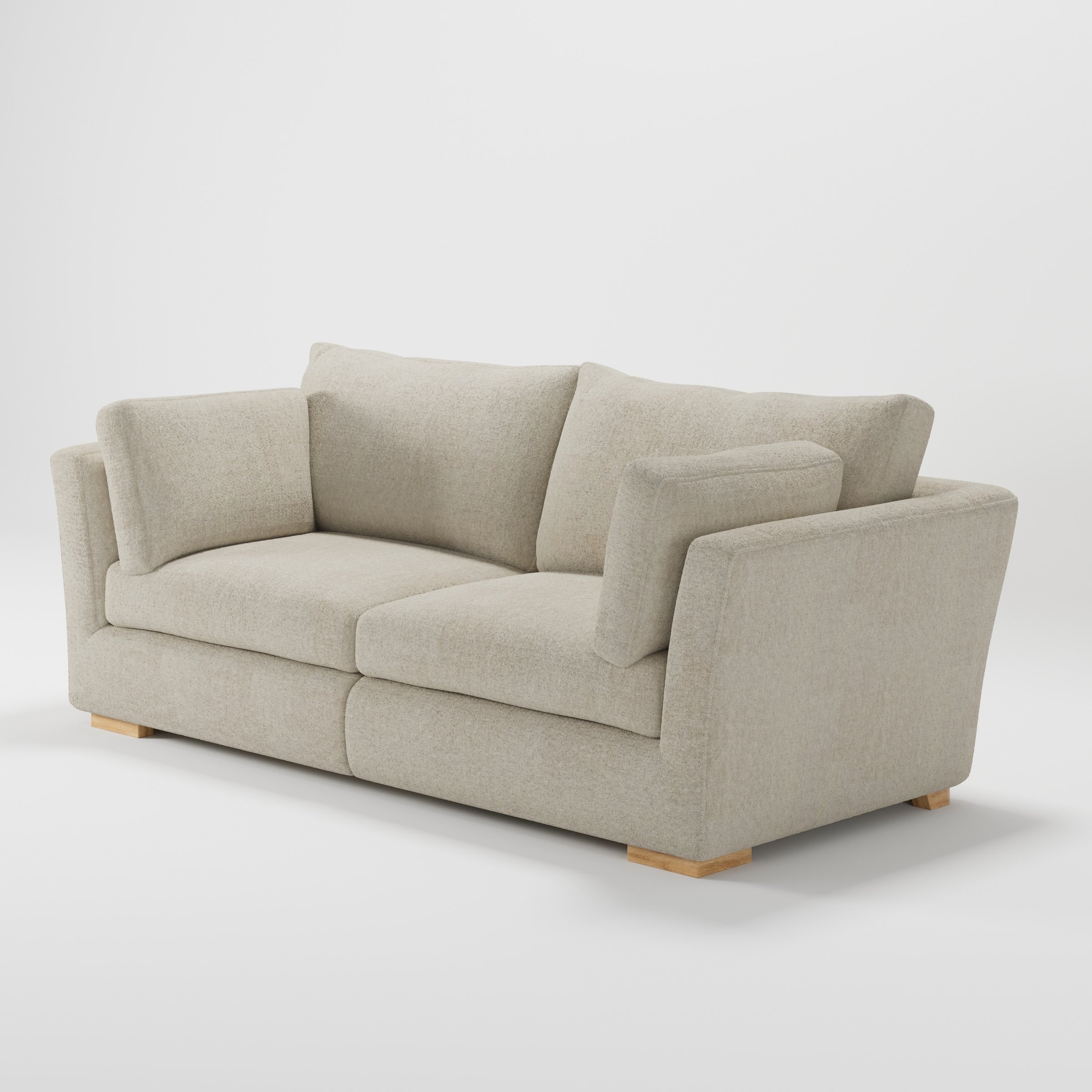 Stowe sofa in Alderney Linen Oatmeal shown at a diagonal angle highlighting arm profile and seat depth.