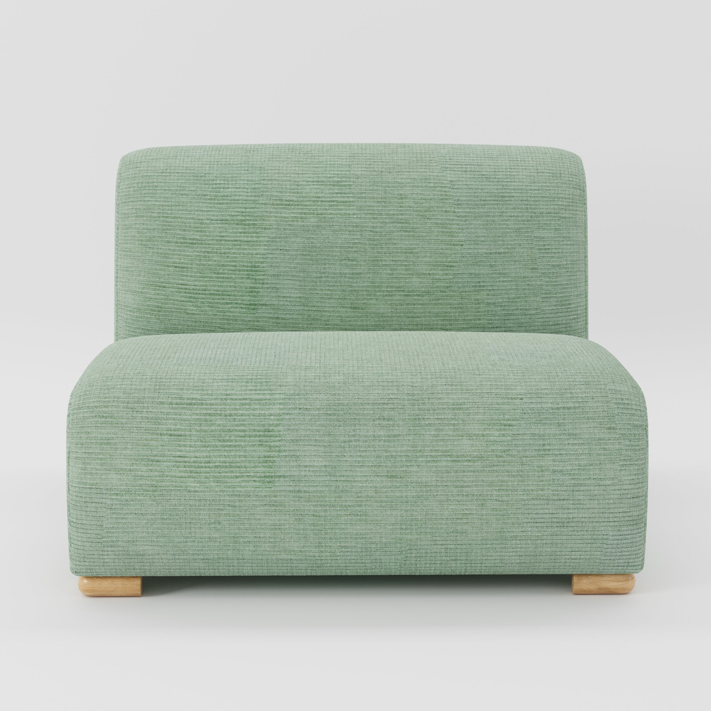 Tay single sofa unit in Caldey Velvet Corduroy Eucalyptus shown from the front with a low, armless design, deep seat and visible timber feet.