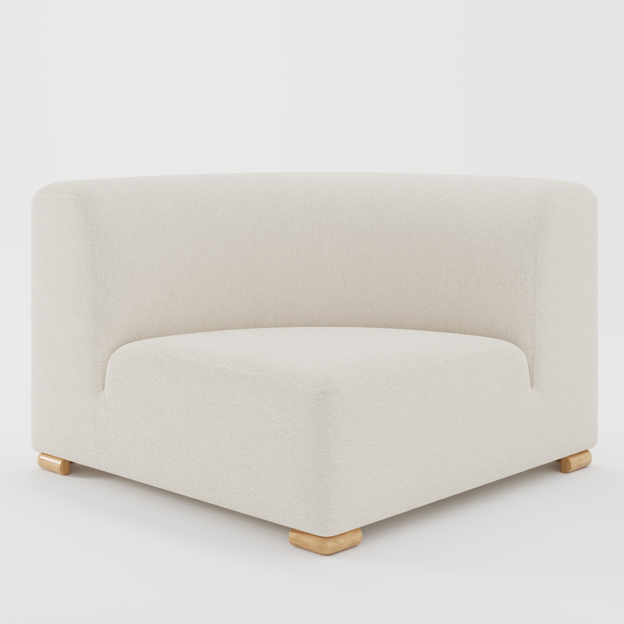 Tay corner sofa unit in Kilda Bouclé Cream shown from the front with a curved corner seat, wraparound backrest and visible timber feet.