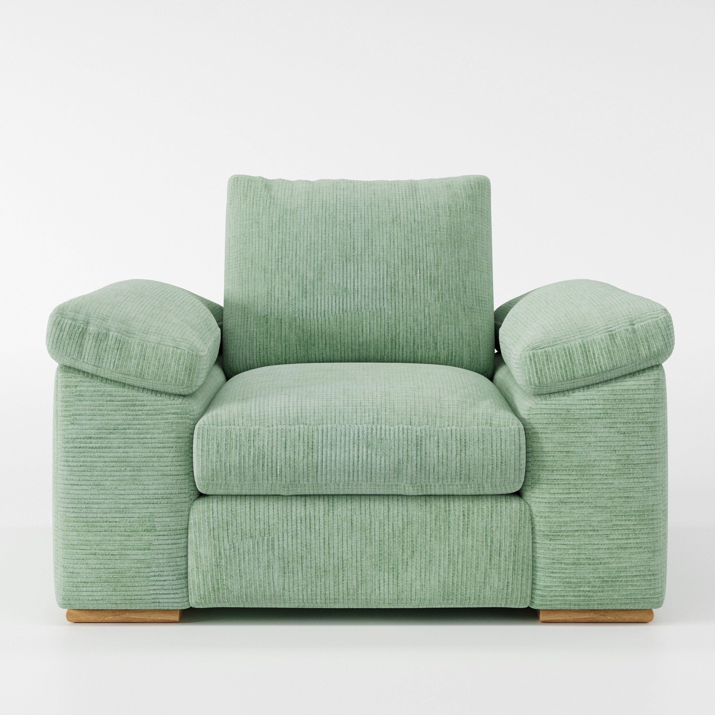 Moy armchair in Caldey Velvet Corduroy Eucalyptus shown front-on against a neutral studio backdrop.