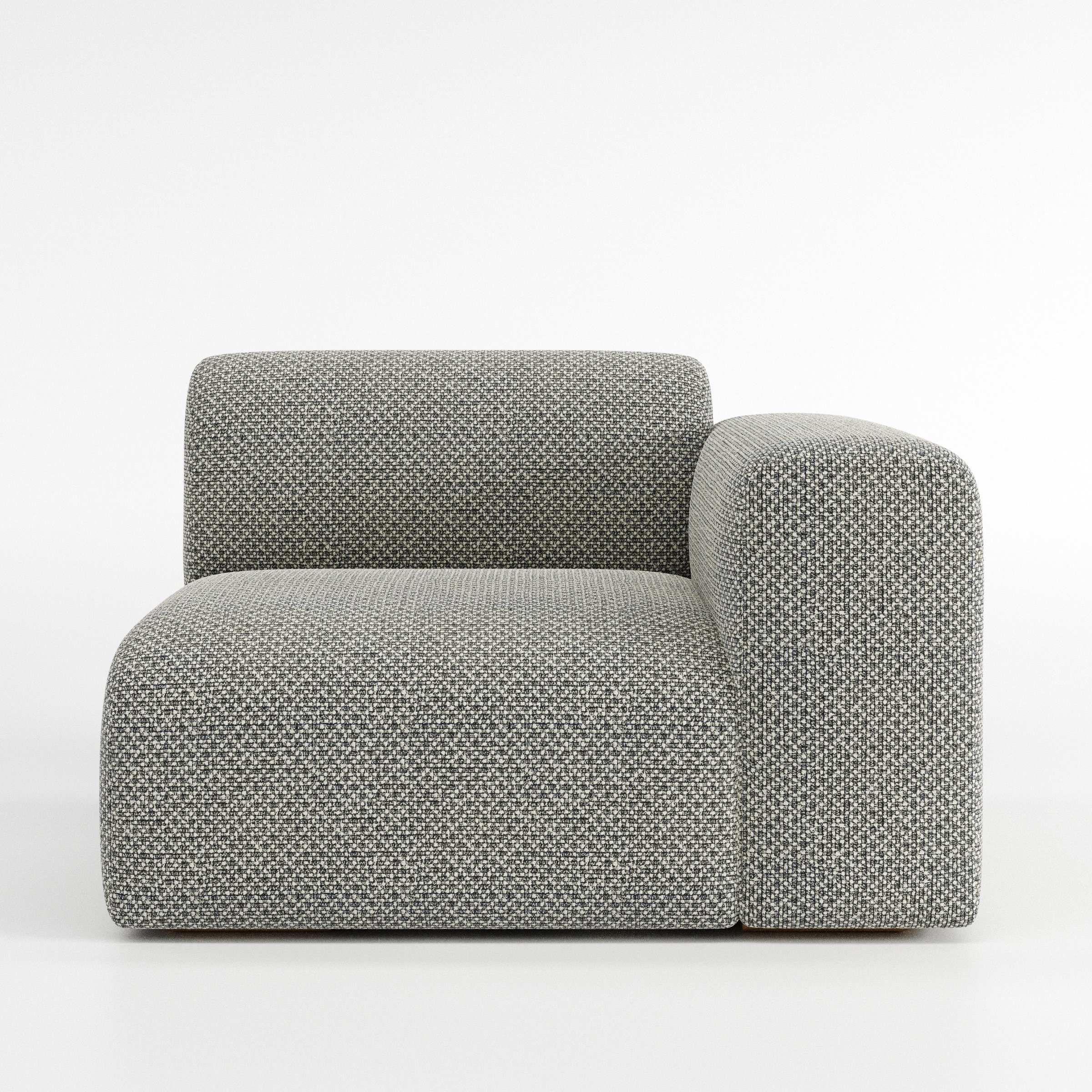 Drumquin modular sofa right side unit in Rousay Wool Blend Tar and Chalk shown from the front with a low, deep seat and a rounded right armrest.