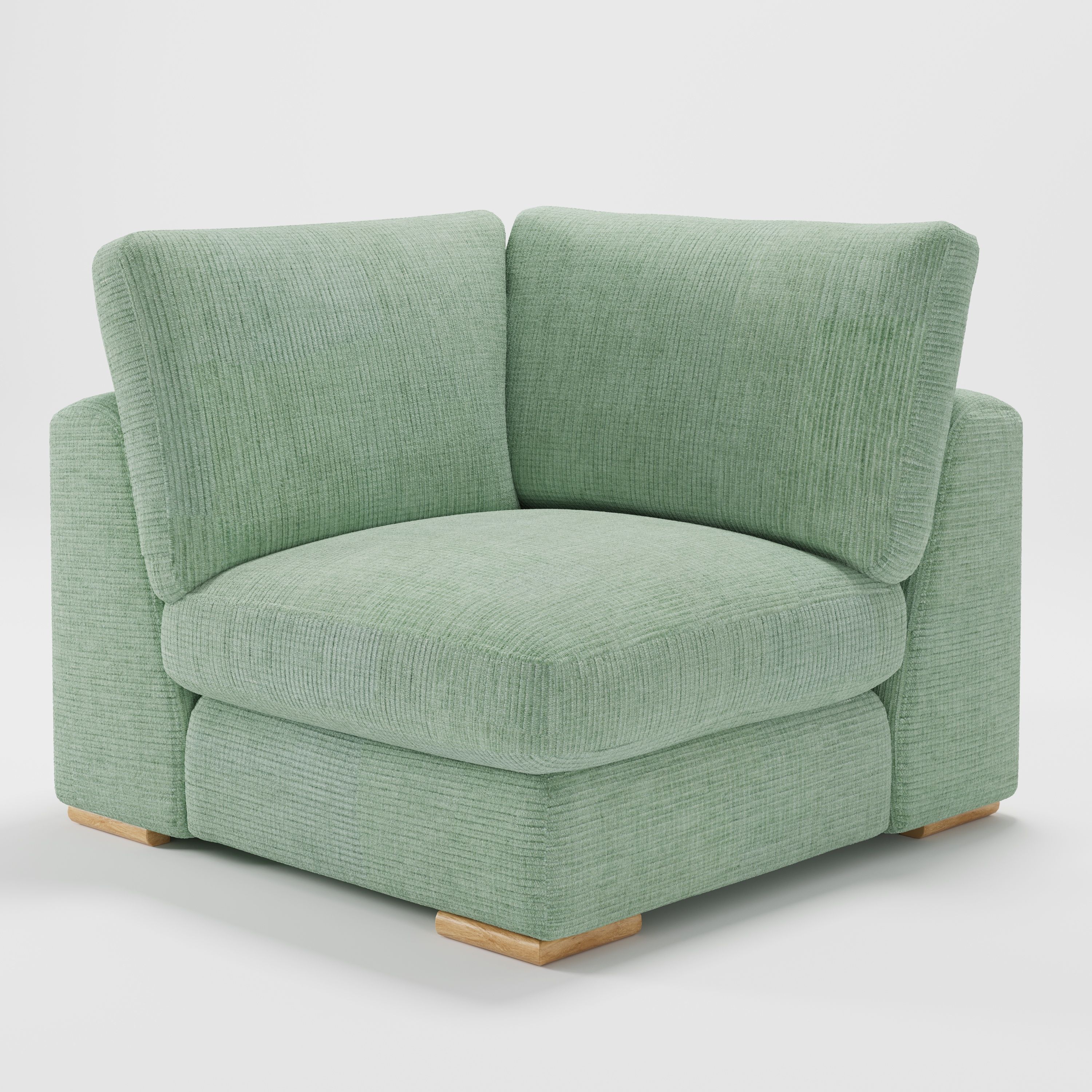 Olton corner unit in Caldey velvet corduroy eucalyptus fabric, diagonal view highlighting soft form and fine ribbed texture