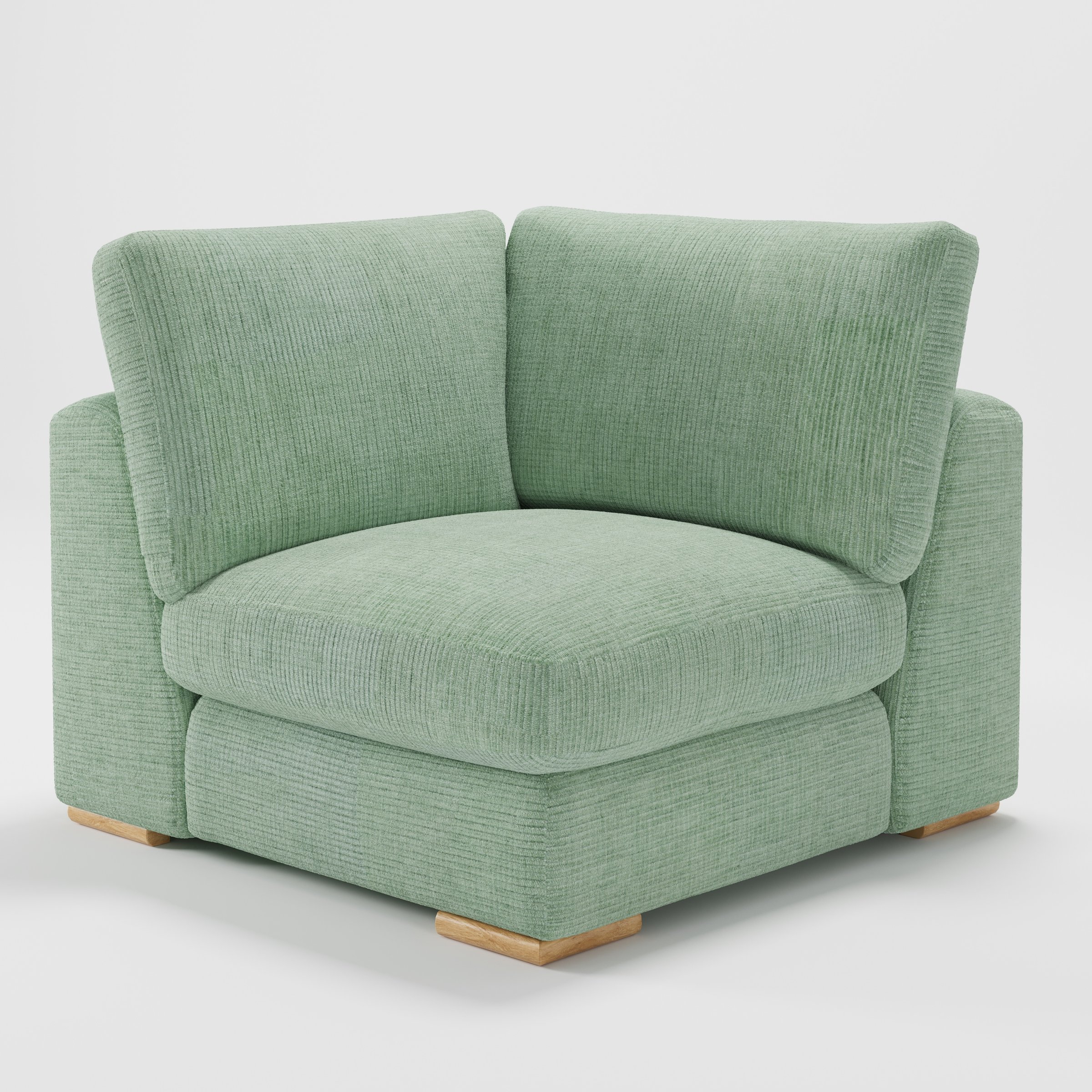 Olton corner unit in Caldey velvet corduroy eucalyptus fabric, diagonal view highlighting soft form and fine ribbed texture