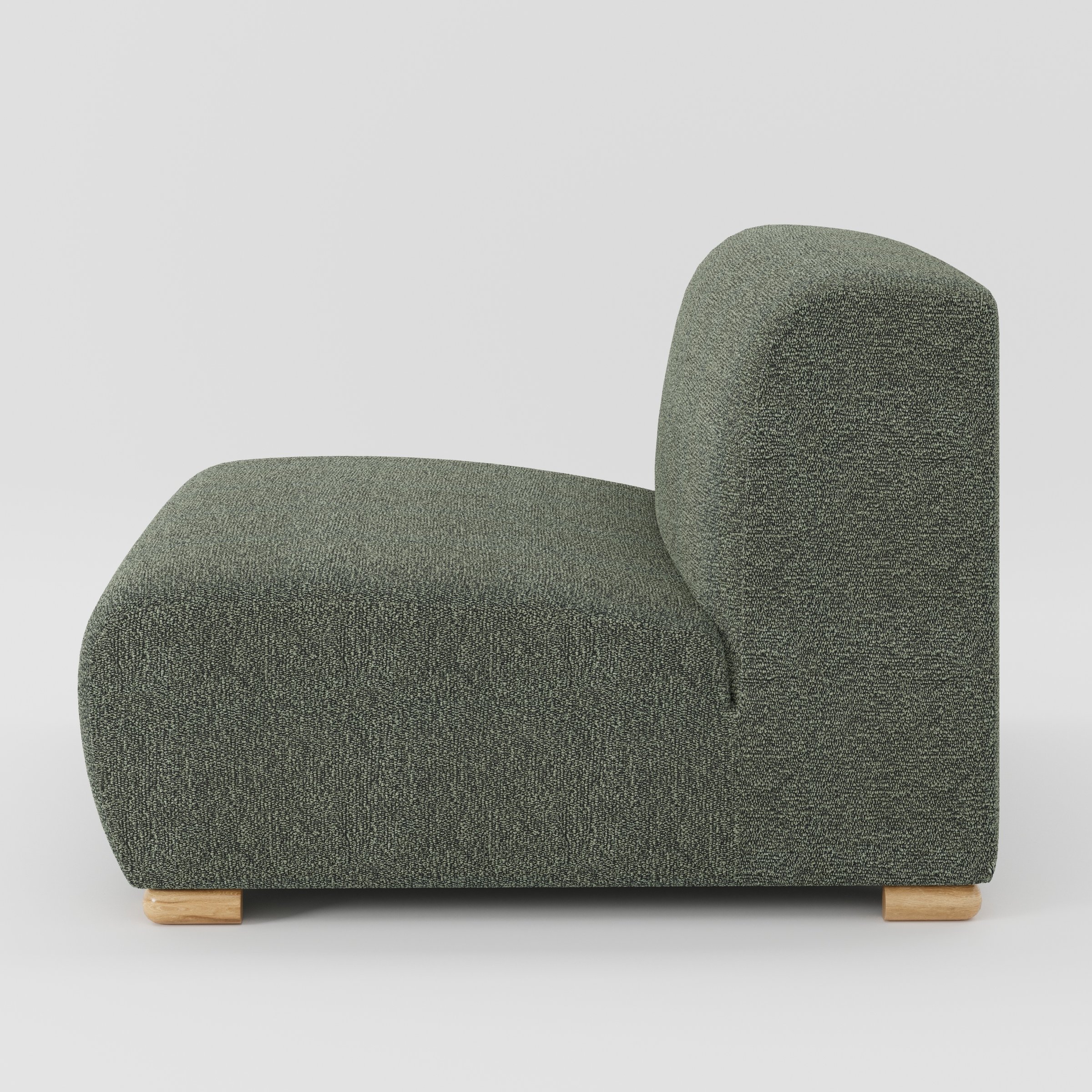 Tay single sofa unit in Kilda Bouclé Moss shown from the side showing the low backrest, deep seat and timber feet.