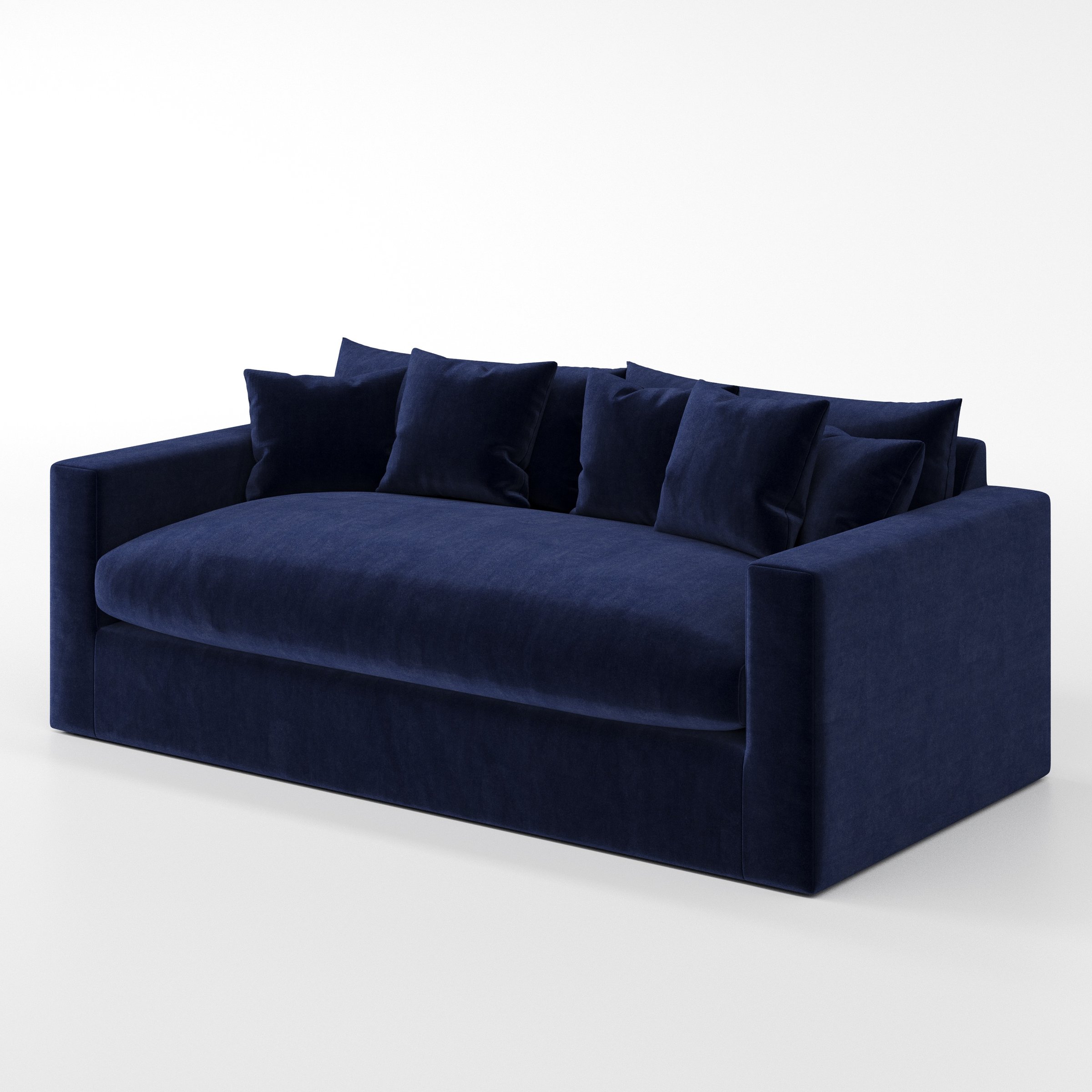 Coniston sofa in Noss Velvet Navy shown at a diagonal angle highlighting arm profile and seat depth.