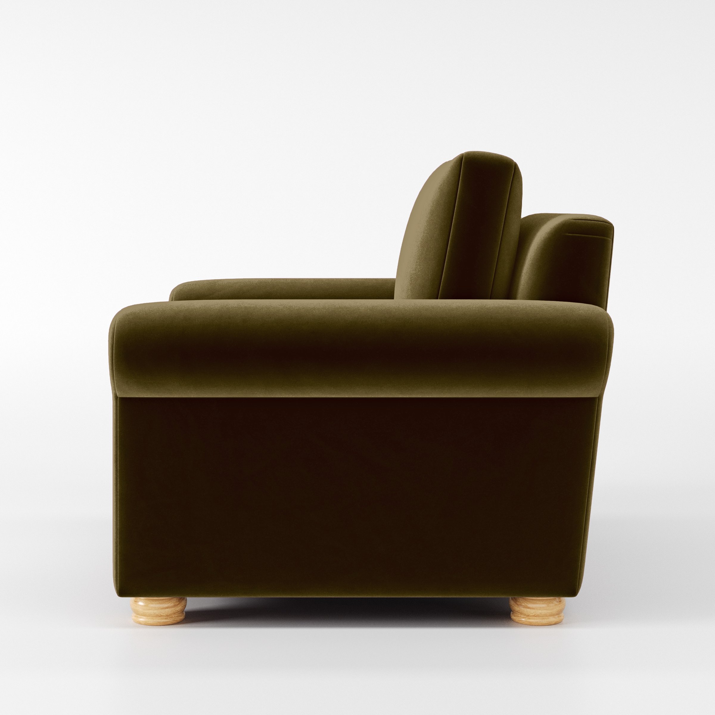 Side view of the Anna Lee armchair upholstered in Plush EasyClean Velvet in Cedar.