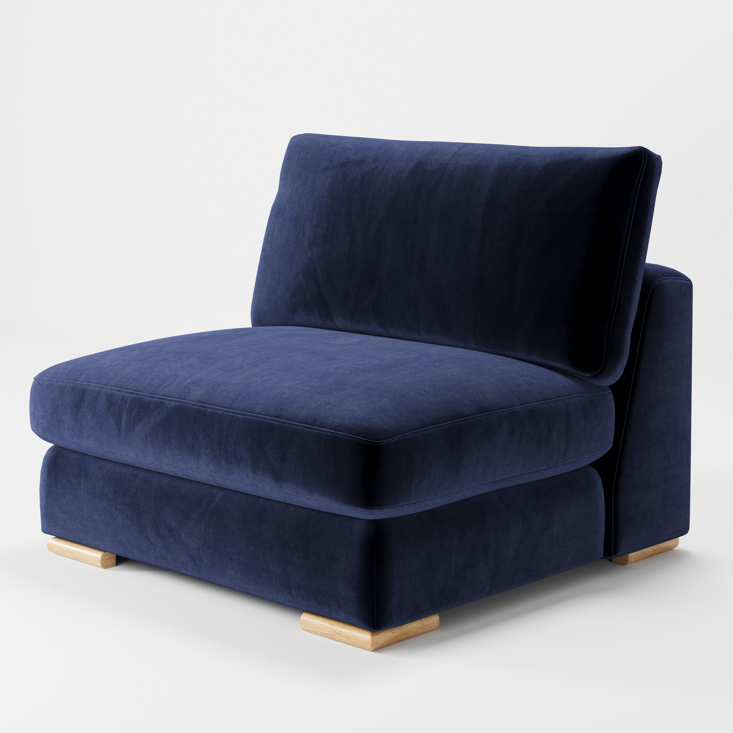Olton single sofa unit in Noss Velvet Navy shown from a diagonal angle highlighting the deep seat, soft cushions and timber feet.