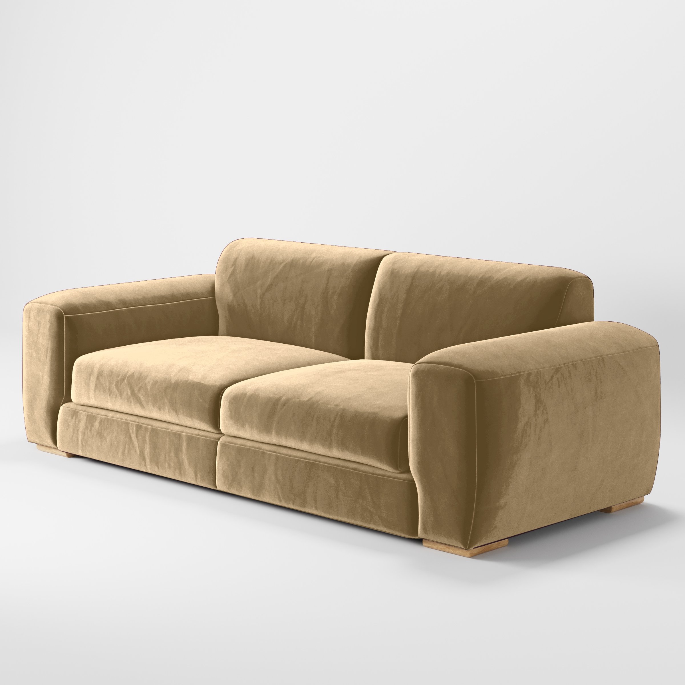 Diagonal view of the Darwell sofa upholstered in Plush EasyClean Velvet in Cafe.