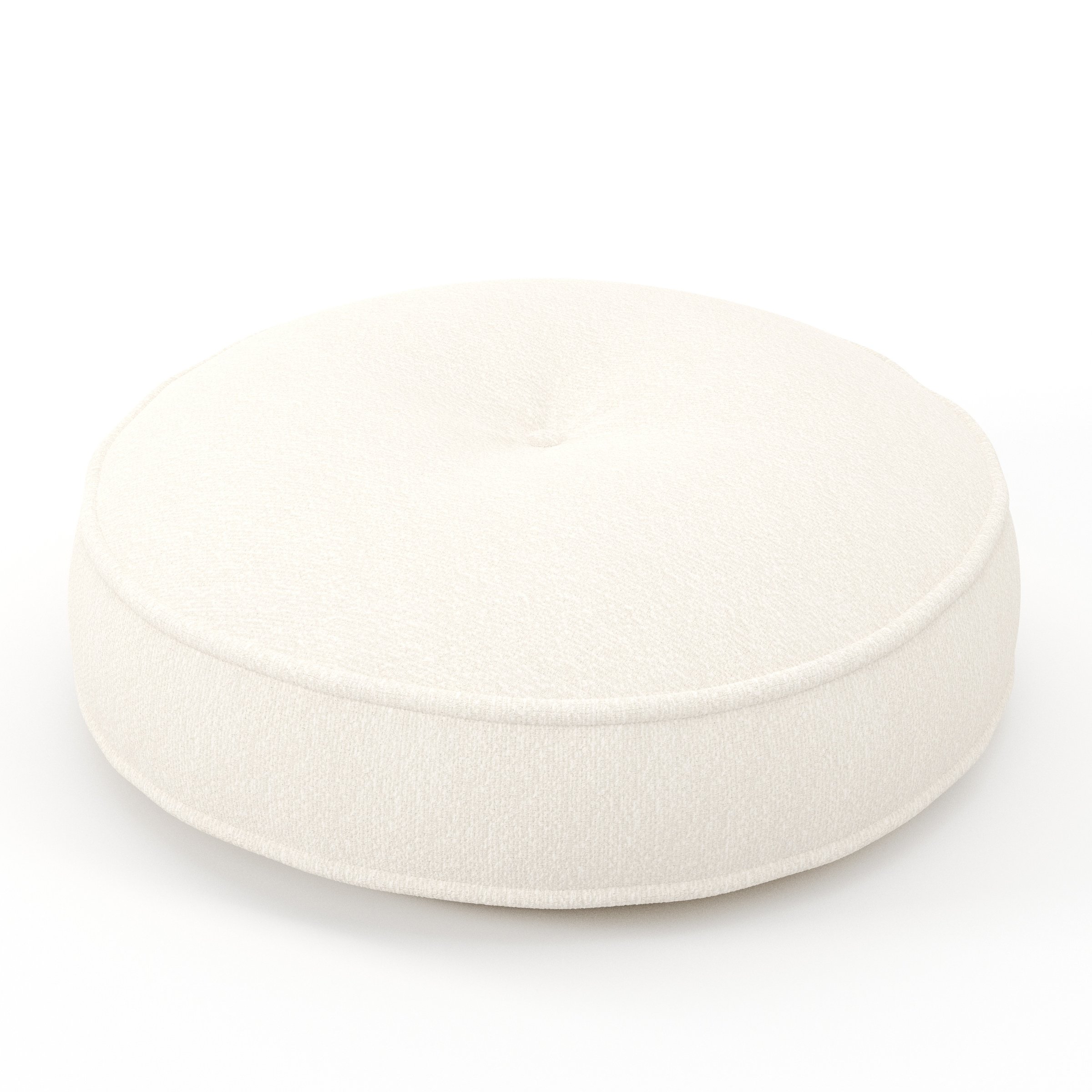 Cove cushion in Kilda Boucle Cream, round tufted cushion with border and piping in soft cream boucle with central tuft, size 50cm x 8.75cm