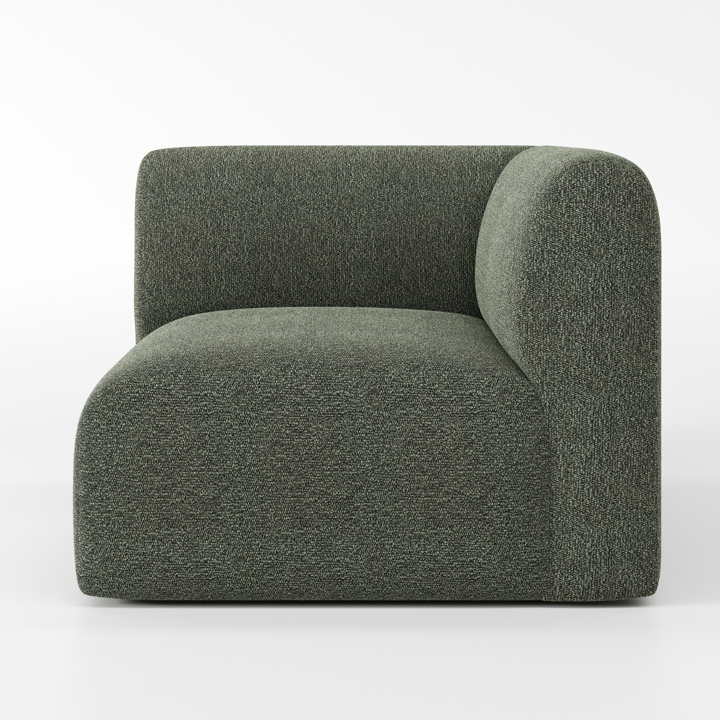 Drumquin modular sofa corner unit in Kilda Bouclé Moss shown from the right highlighting the wraparound back and soft, sculpted form.