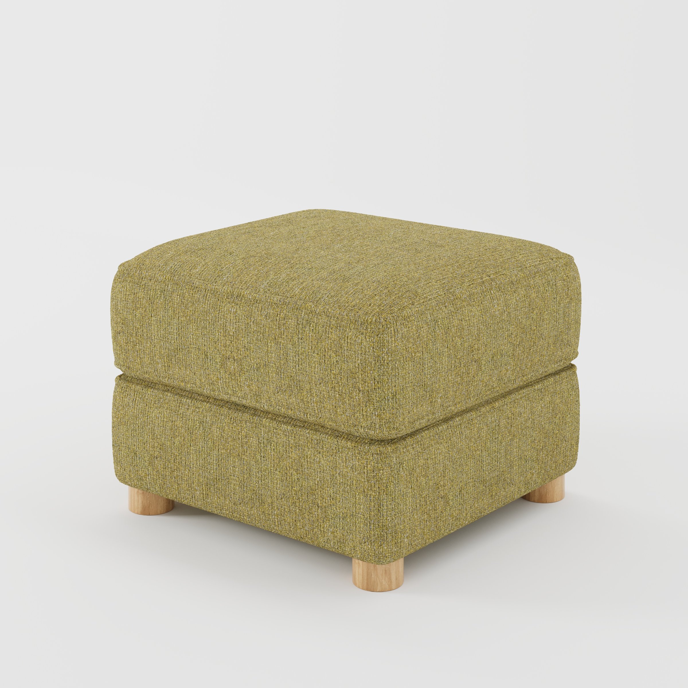 Fergus footstool in Heyling Tweed Sencha shown at a diagonal angle highlighting compact proportions and rounded wooden feet.