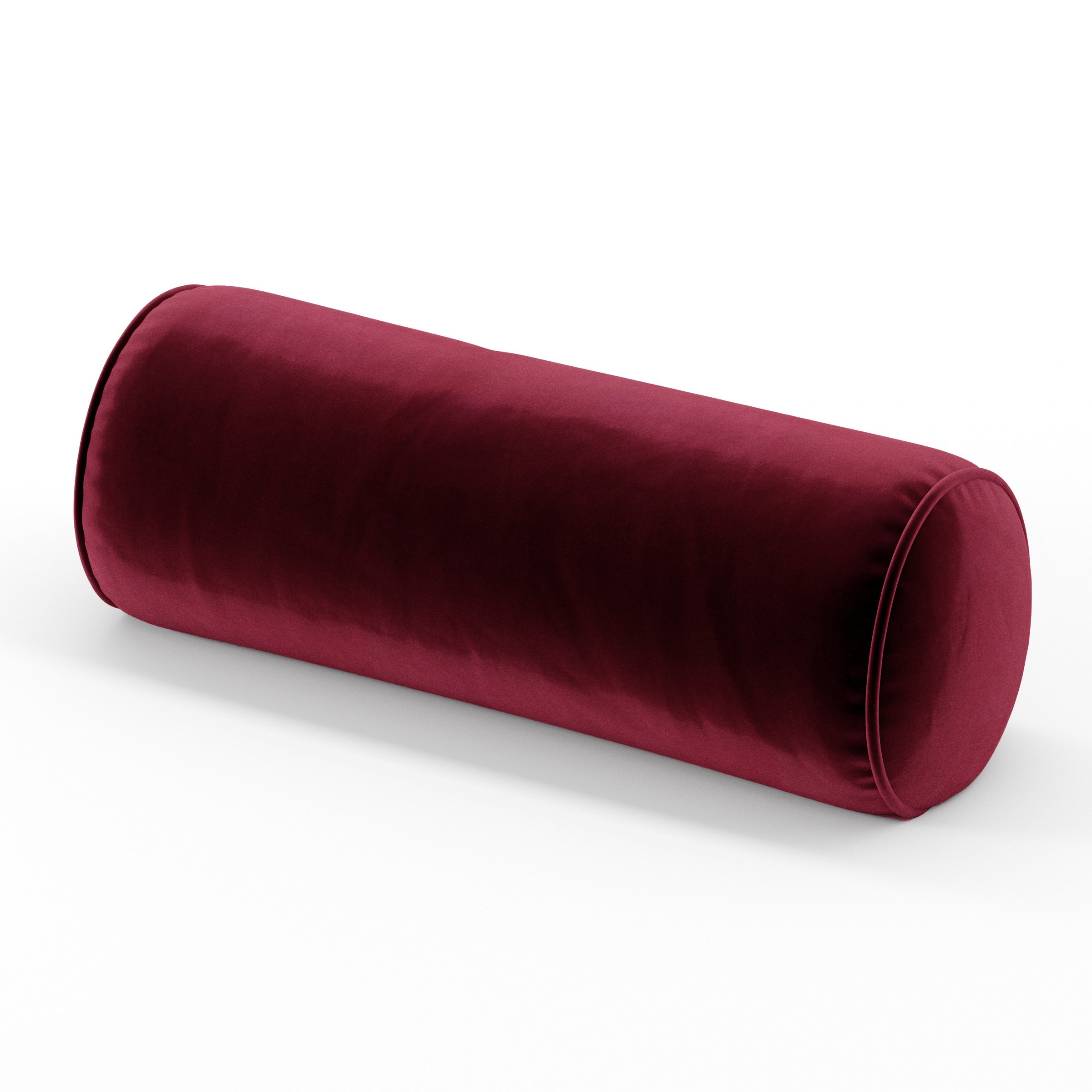 Ledger cushion in Noss Velvet Plum, cylindrical bolster cushion in deep plum velvet, size 20cm x 56cm