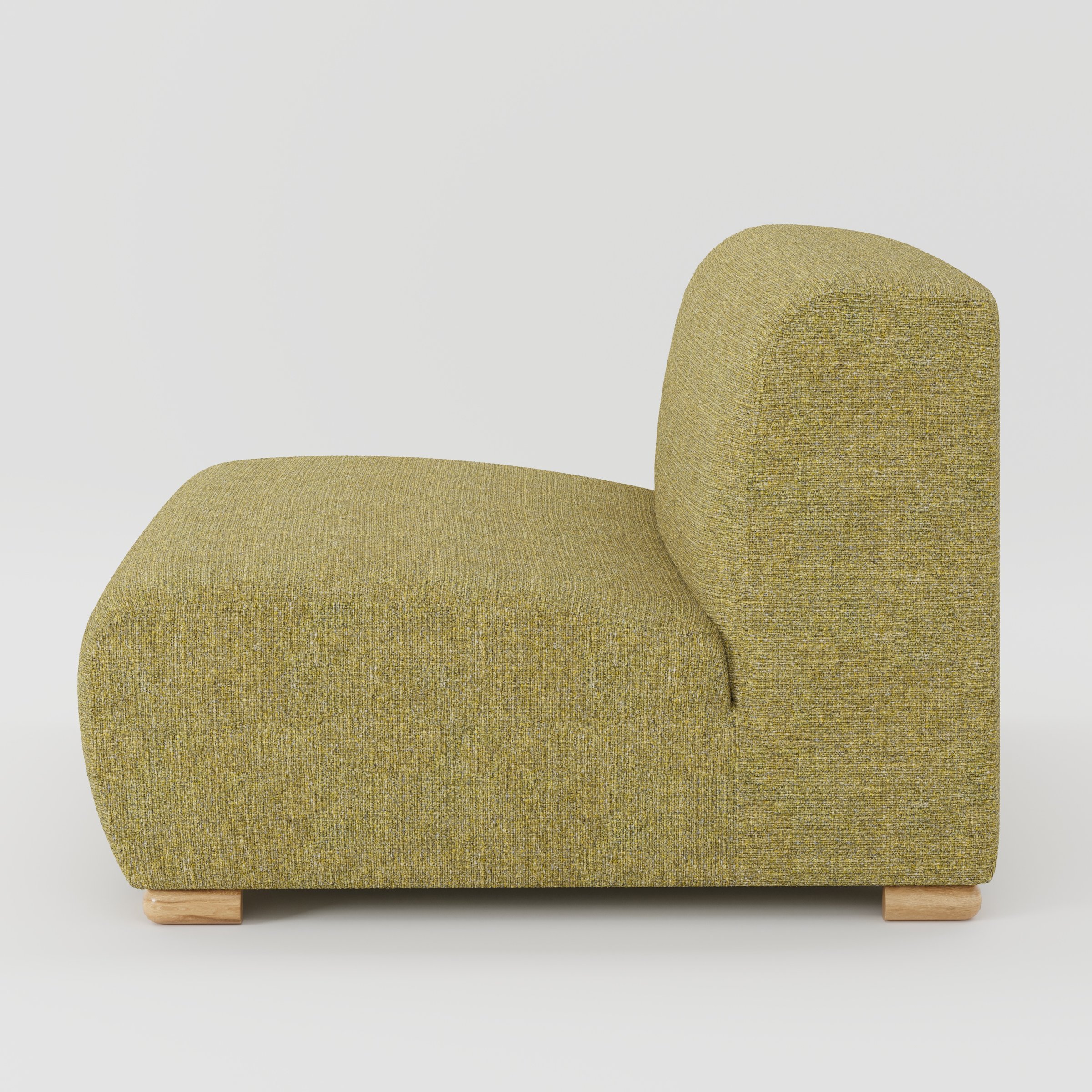 Tay single sofa unit in Heyling Tweed Sencha shown from the side showing the low backrest, deep seat and timber feet.