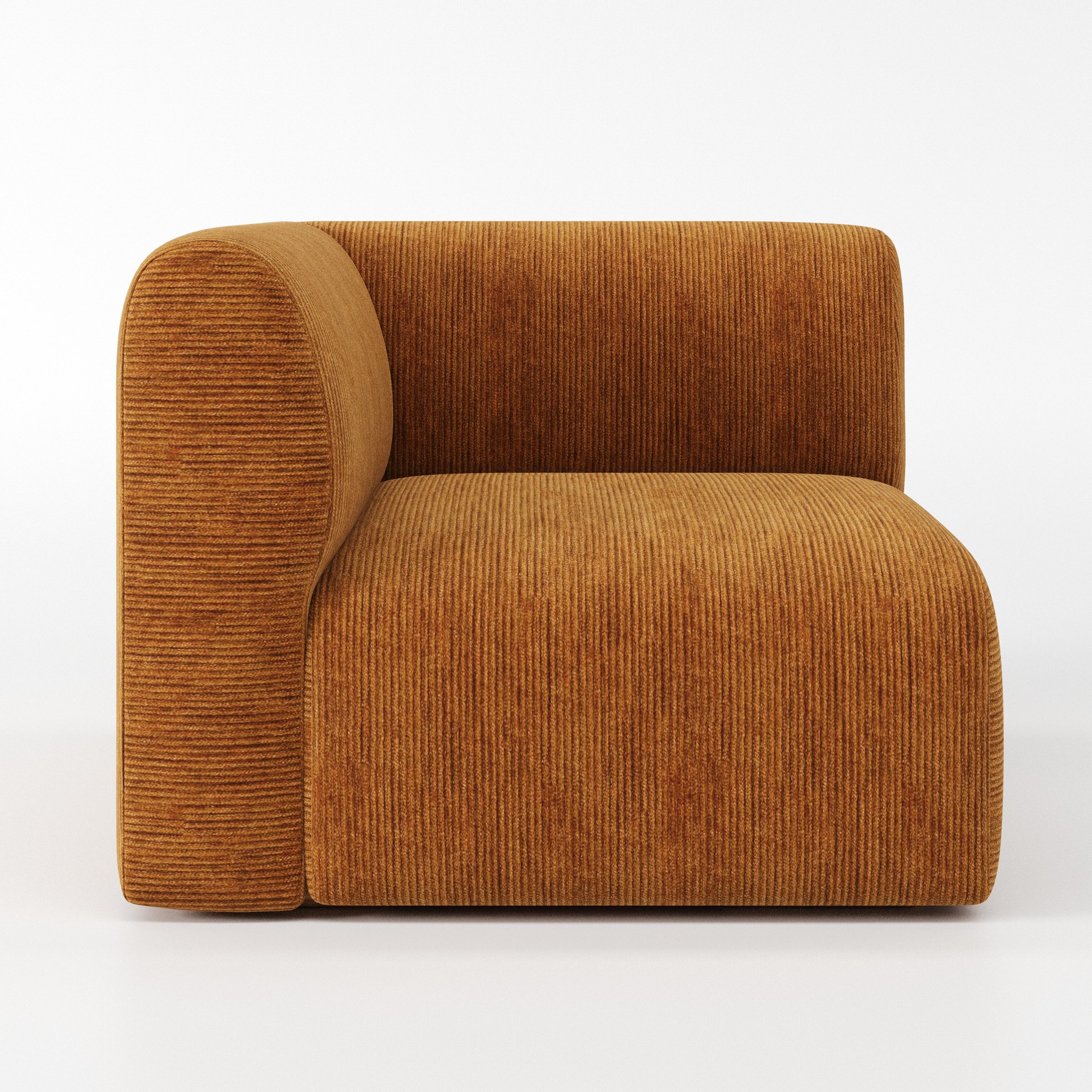 Drumquin modular sofa corner unit in Caldey Velvet Corduroy Tobacco shown from the left highlighting the wraparound back and soft, sculpted form.