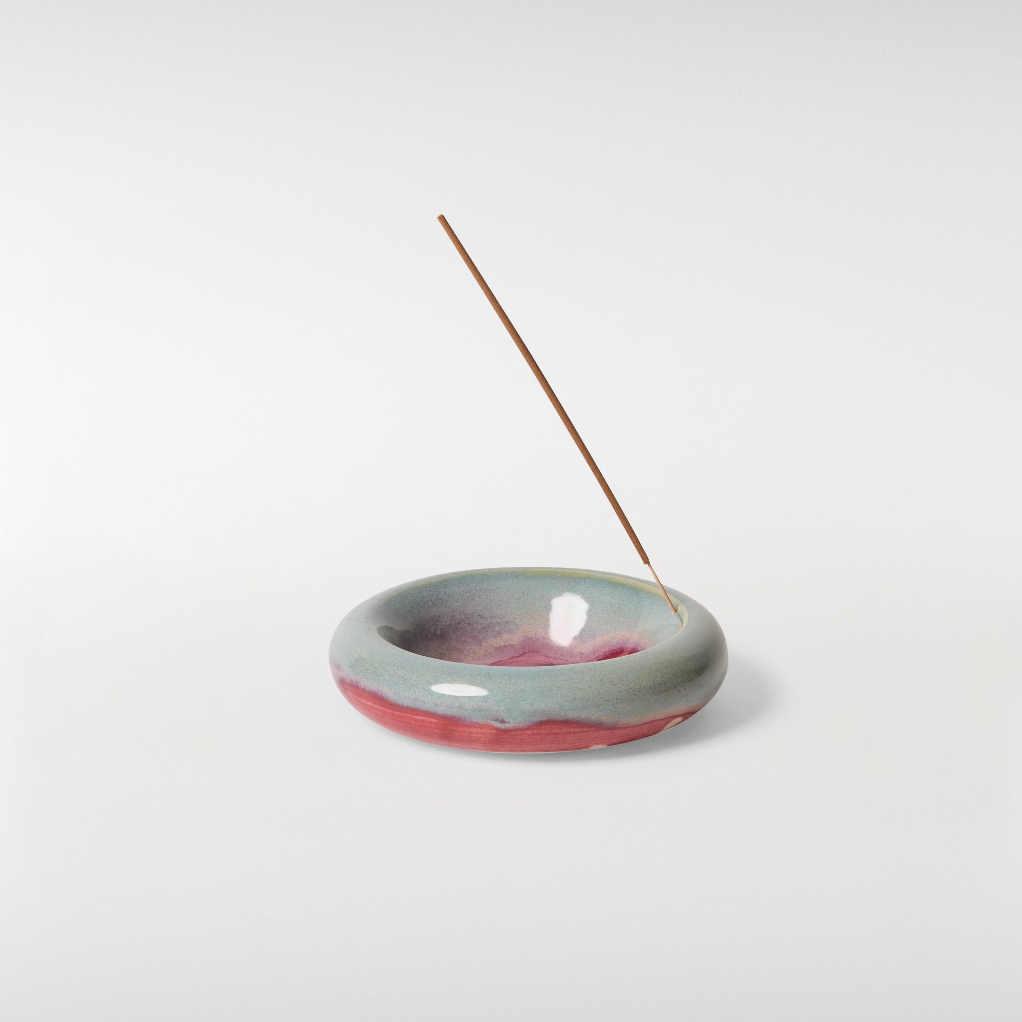Loam Incense Holder in multicolour glaze with incense stick, rounded dish design with soft organic form