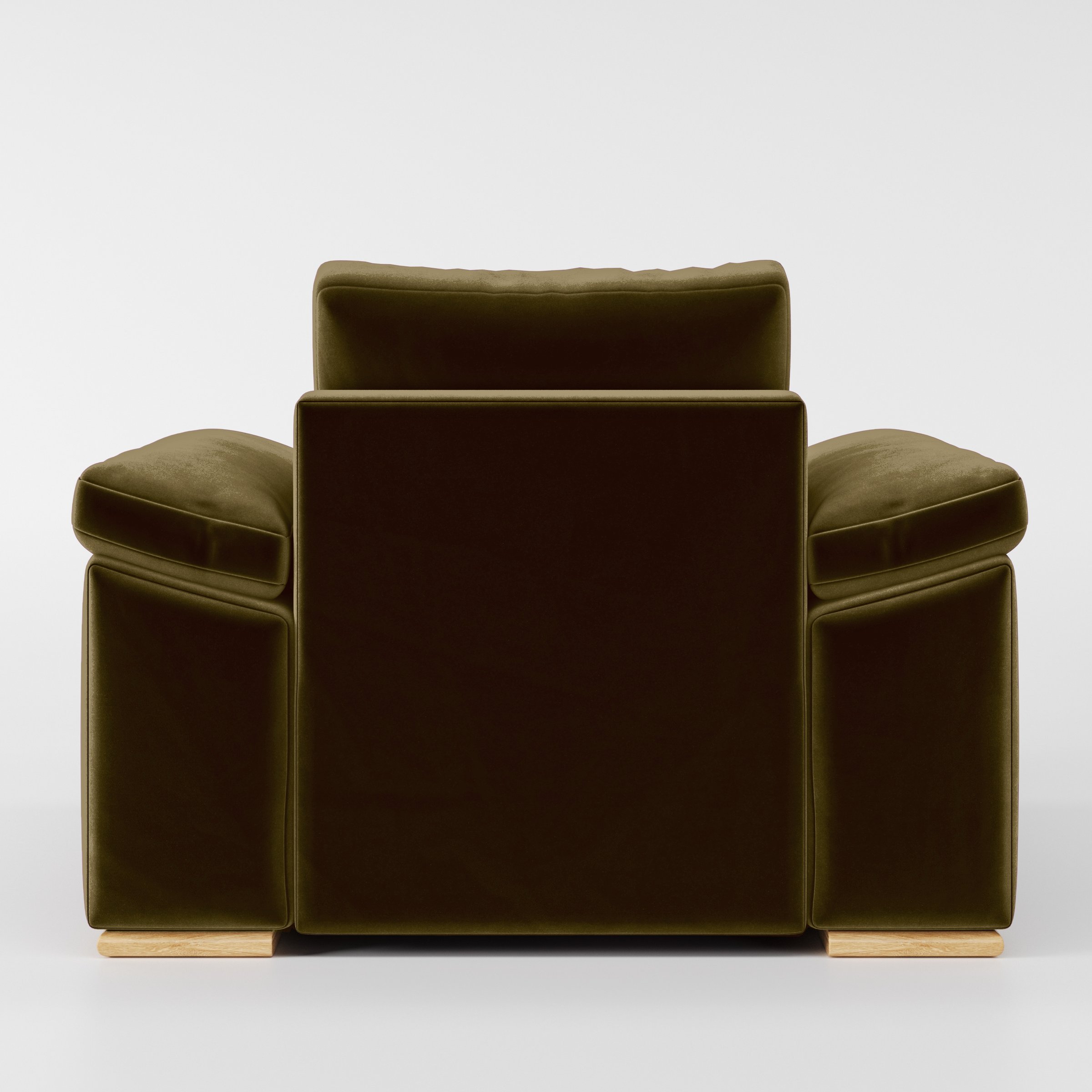 Rear view of the Moy armchair upholstered in Plush EasyClean Velvet in Cedar.