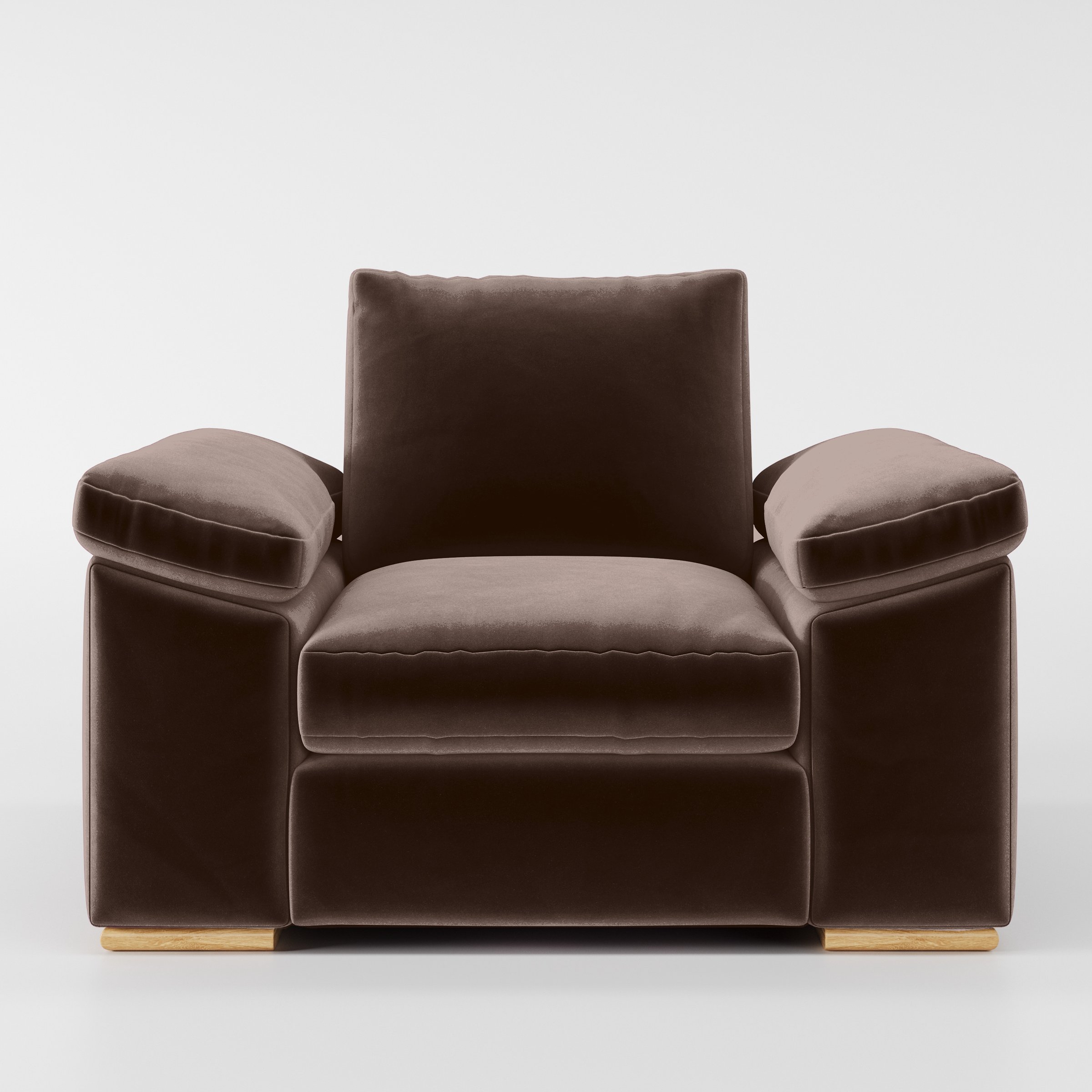 Front view of the Moy armchair upholstered in Plush EasyClean Velvet in Mole.