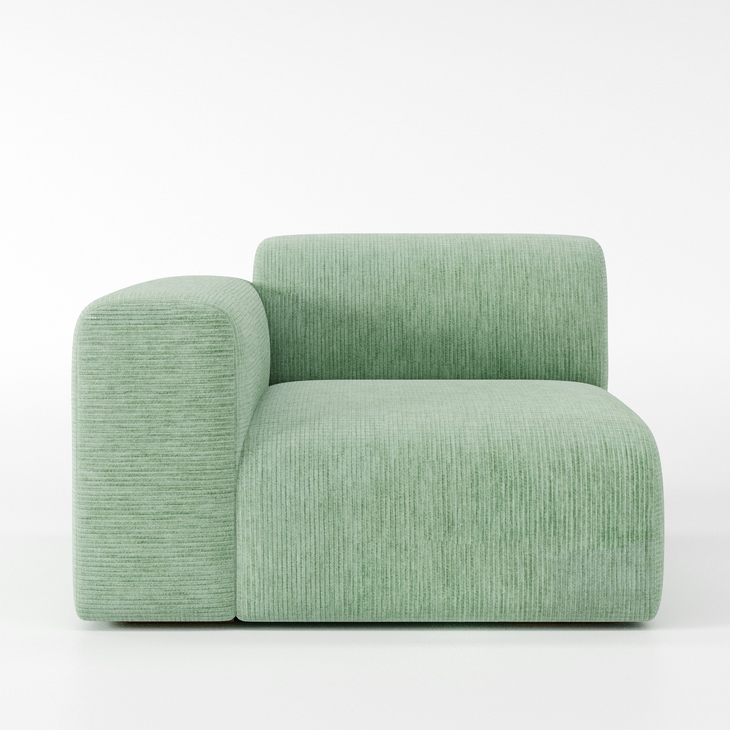 Drumquin modular sofa left side unit in Caldey Velvet Corduroy Eucalyptus shown from the front with a low, deep seat and a rounded left armrest.
