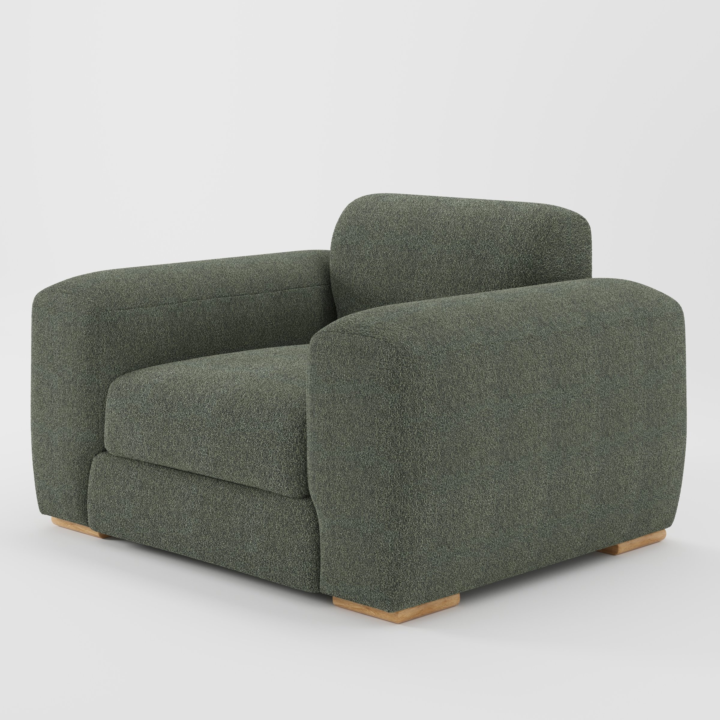 Darwell armchair in Kilda Boucle Moss shown at a diagonal angle highlighting arms and seat depth.