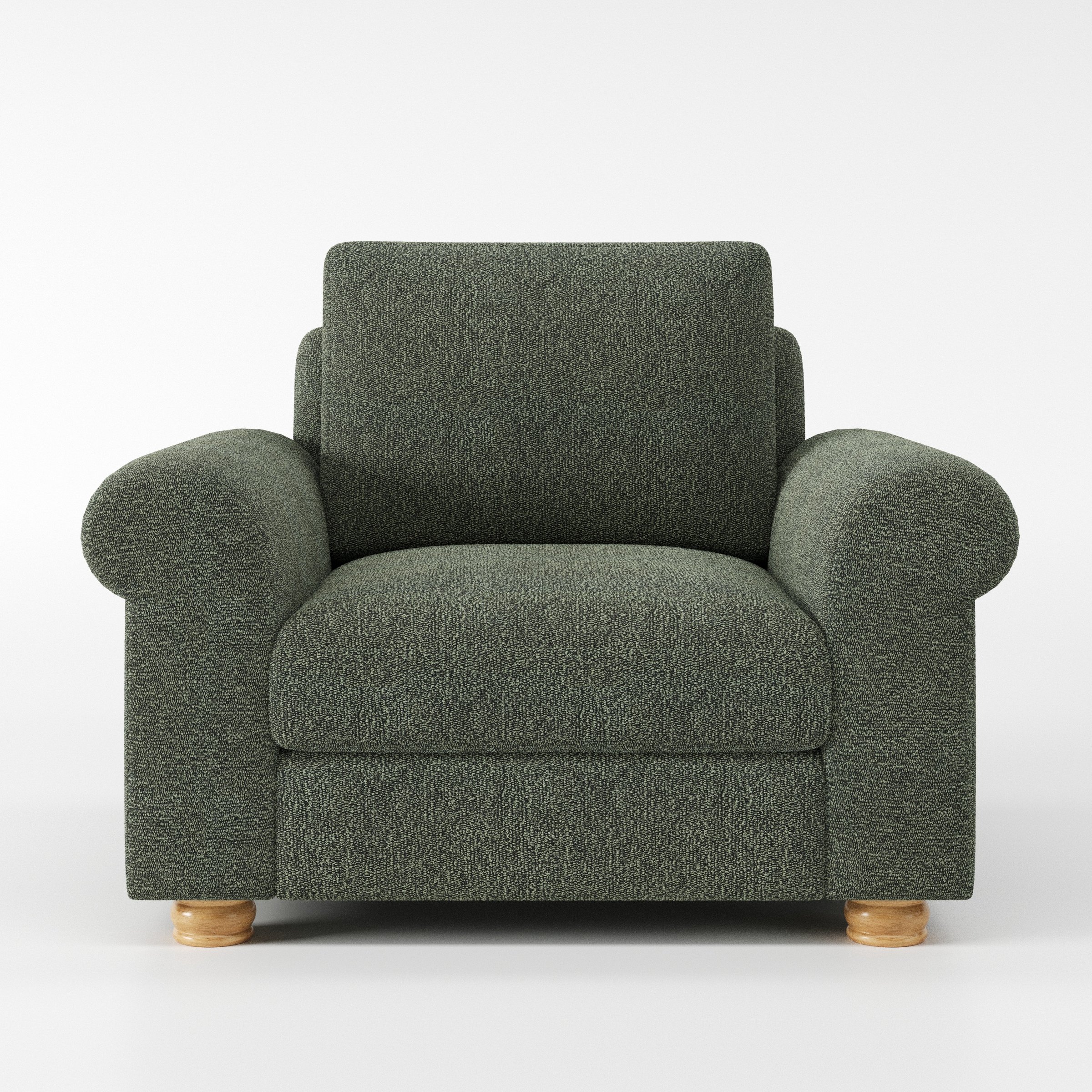 Anna Lee armchair in Kilda Boucle Moss shown front-on against a neutral studio backdrop.