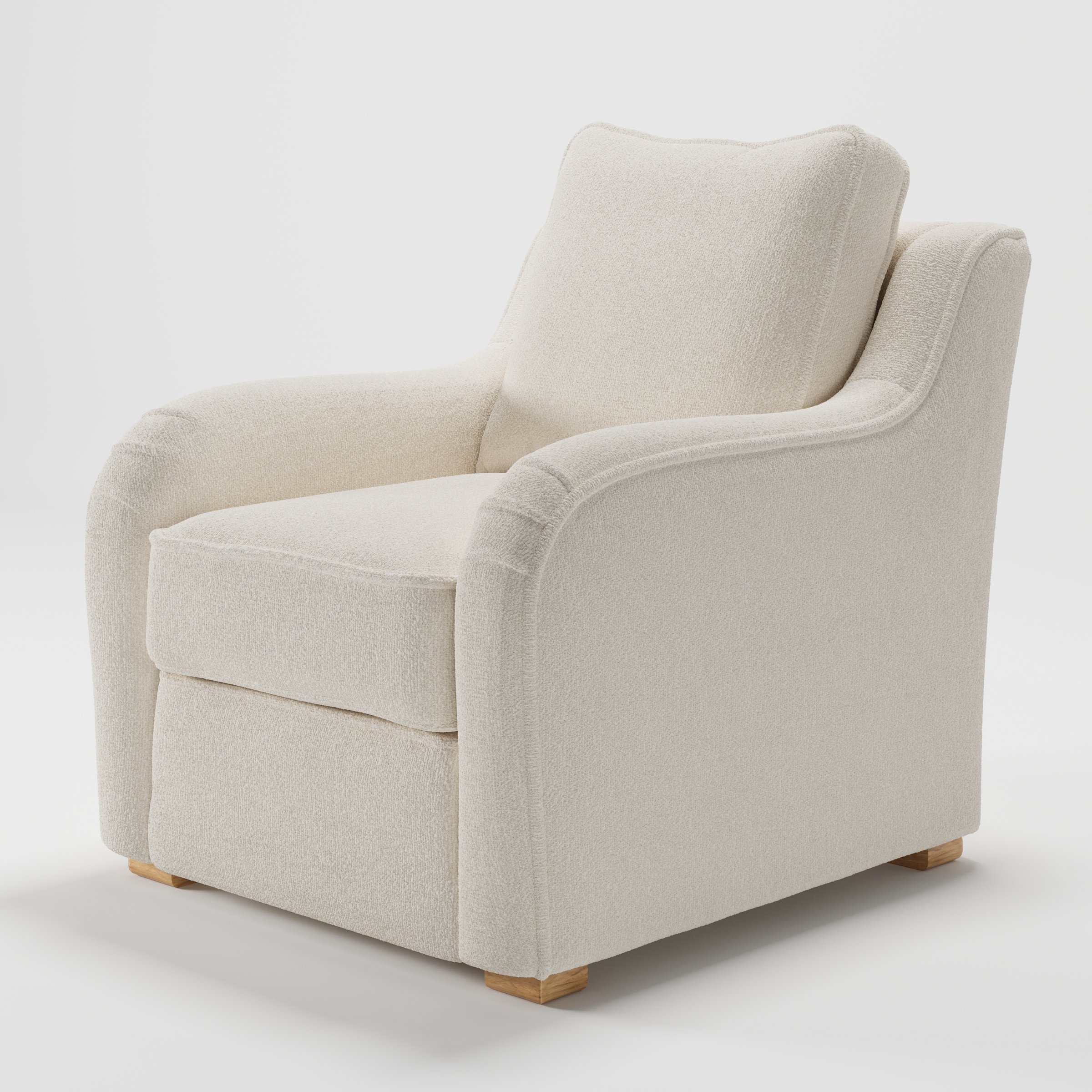 Cashel armchair in Kilda Boucle Cream shown at a diagonal angle highlighting curved arms and seat depth.