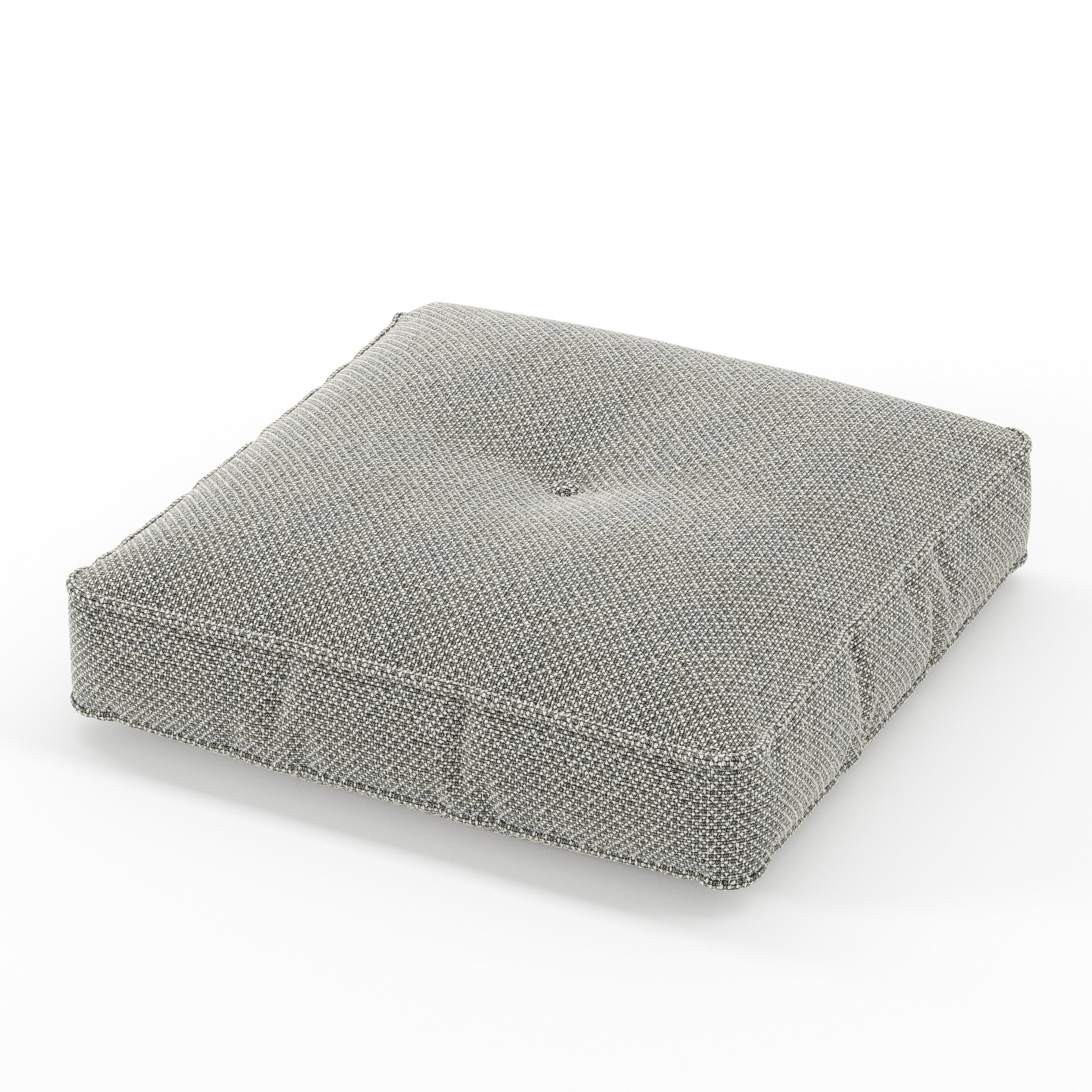 Base cushion in Rousay Wool Blend Tar and Chalk, square tufted cushion with border and piping in speckled wool blend with contrasting tones and central tuft, size 50cm x 50cm x 8.75cm