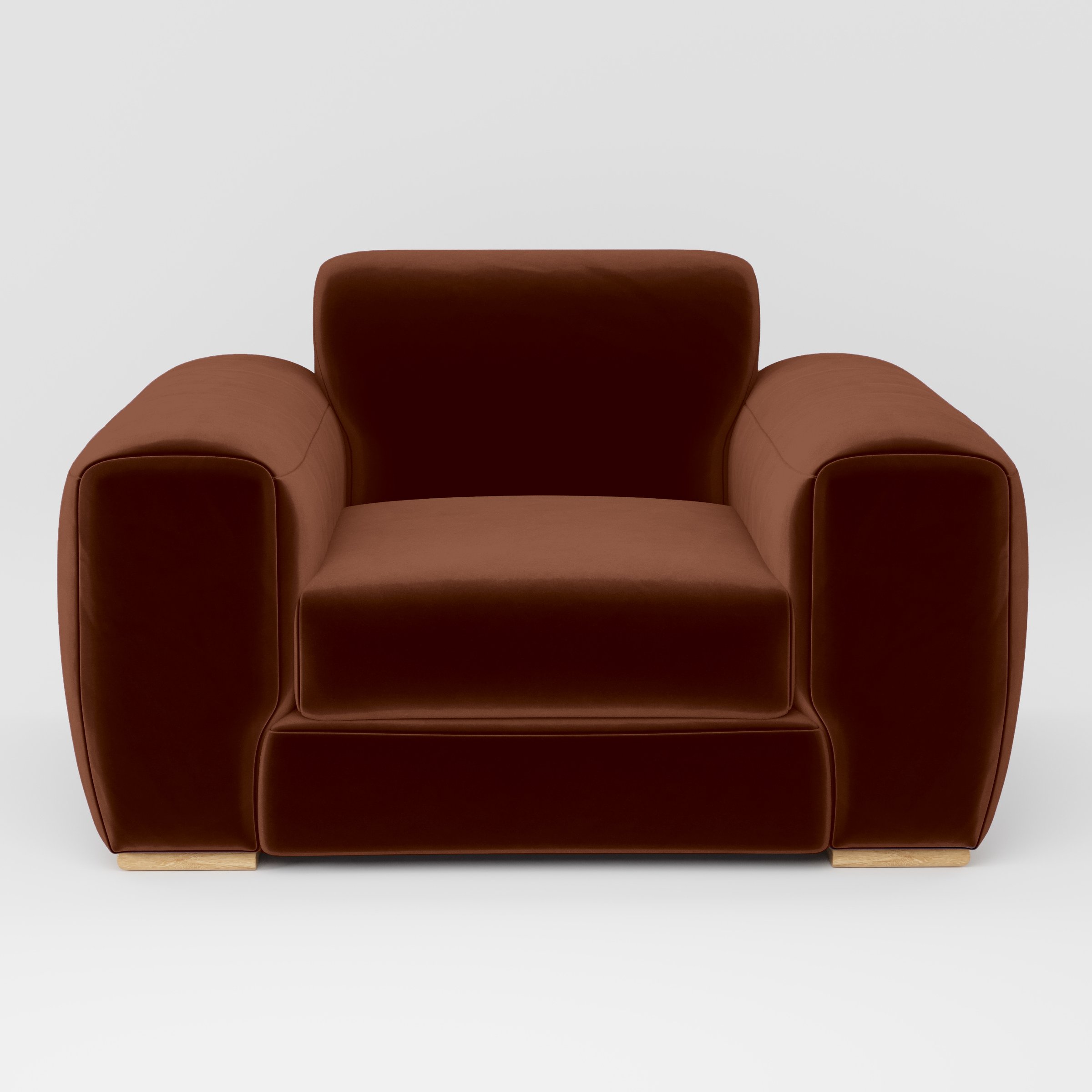 Front view of the Darwell armchair upholstered in Plush EasyClean Velvet in Maple.