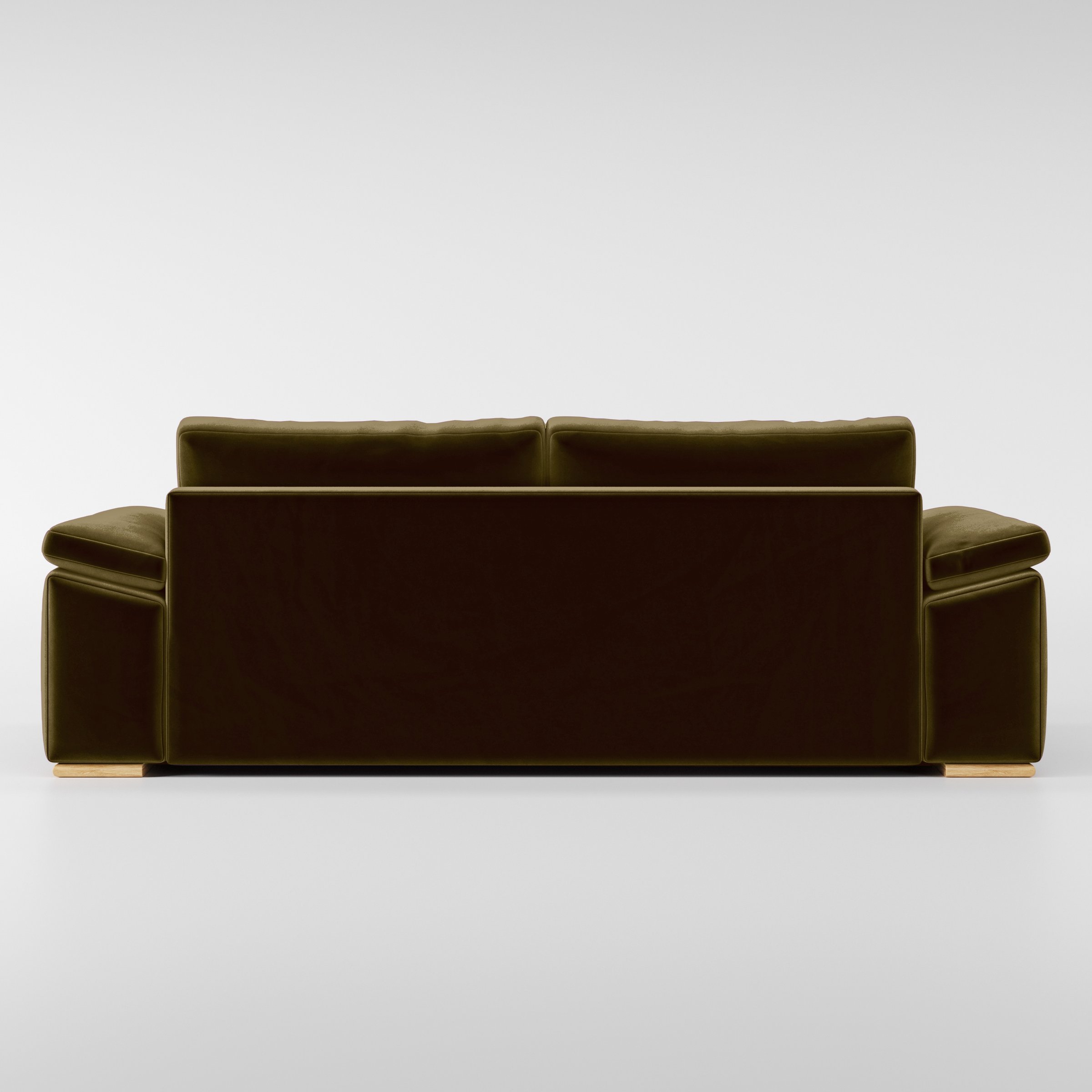 Rear view of the Moy sofa upholstered in Plush EasyClean Velvet in Cedar.