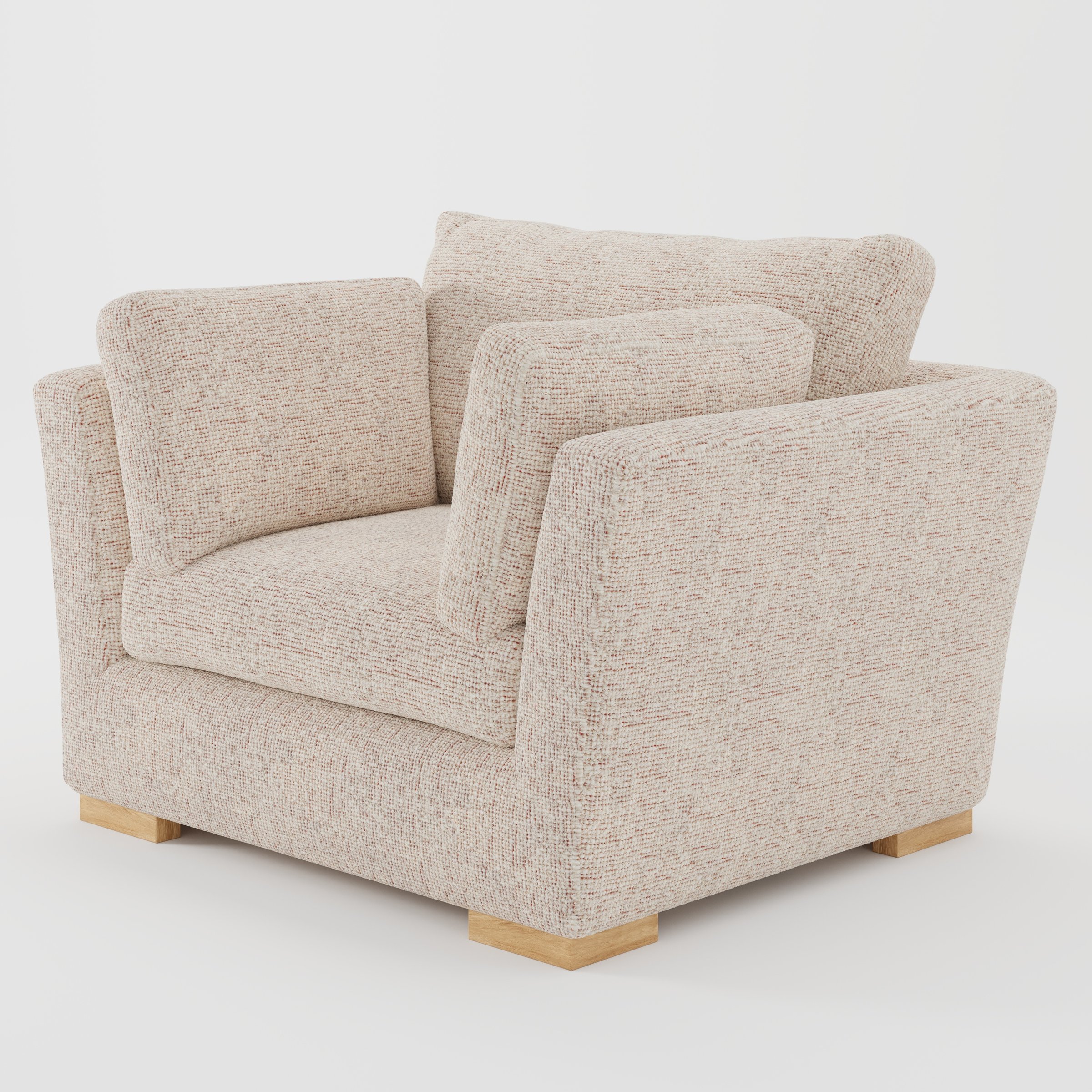 Stowe armchair in Orsay Boucle Cream and Copper shown at a diagonal angle highlighting splayed arms and seat depth.