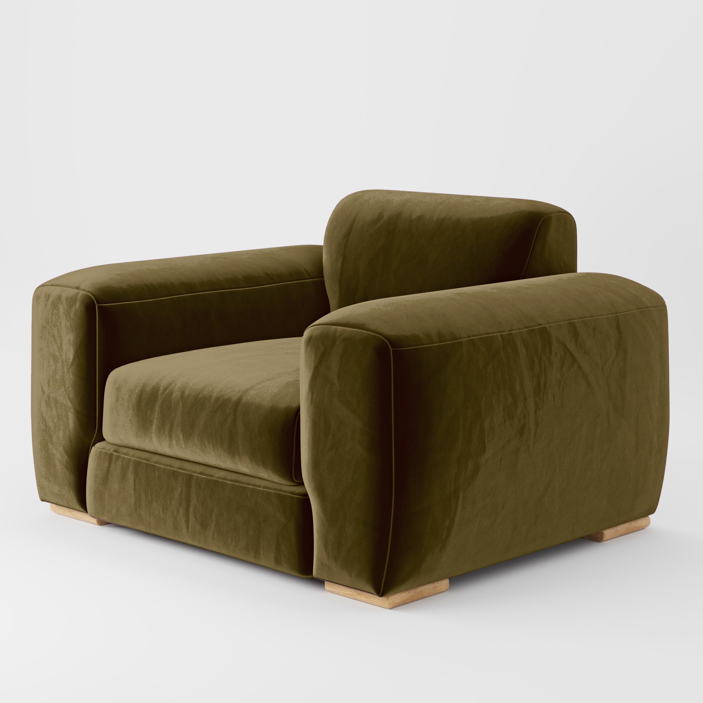 Diagonal view of the Darwell armchair upholstered in Plush EasyClean Velvet in Cedar.