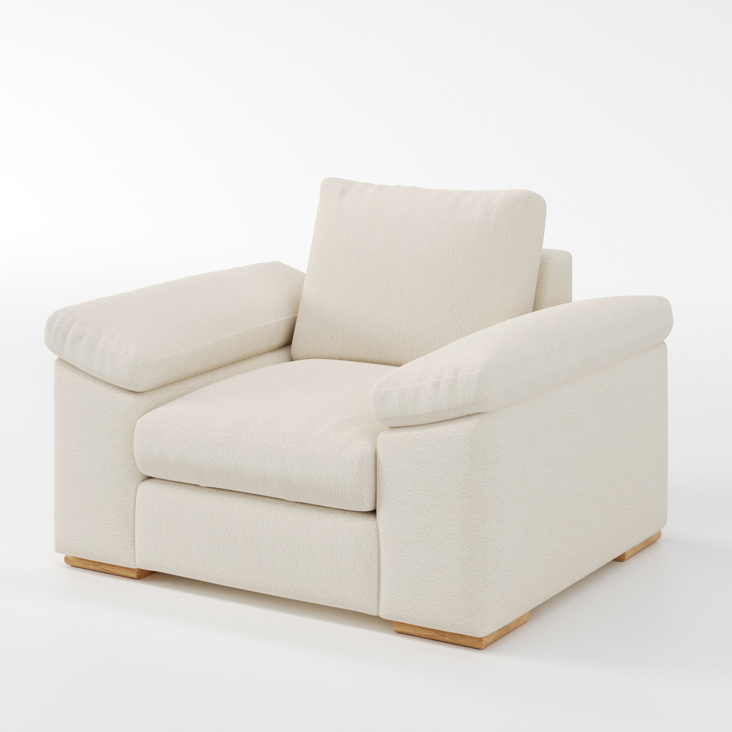 Moy armchair in Kilda Boucle Cream shown at a diagonal angle highlighting arms and seat depth.