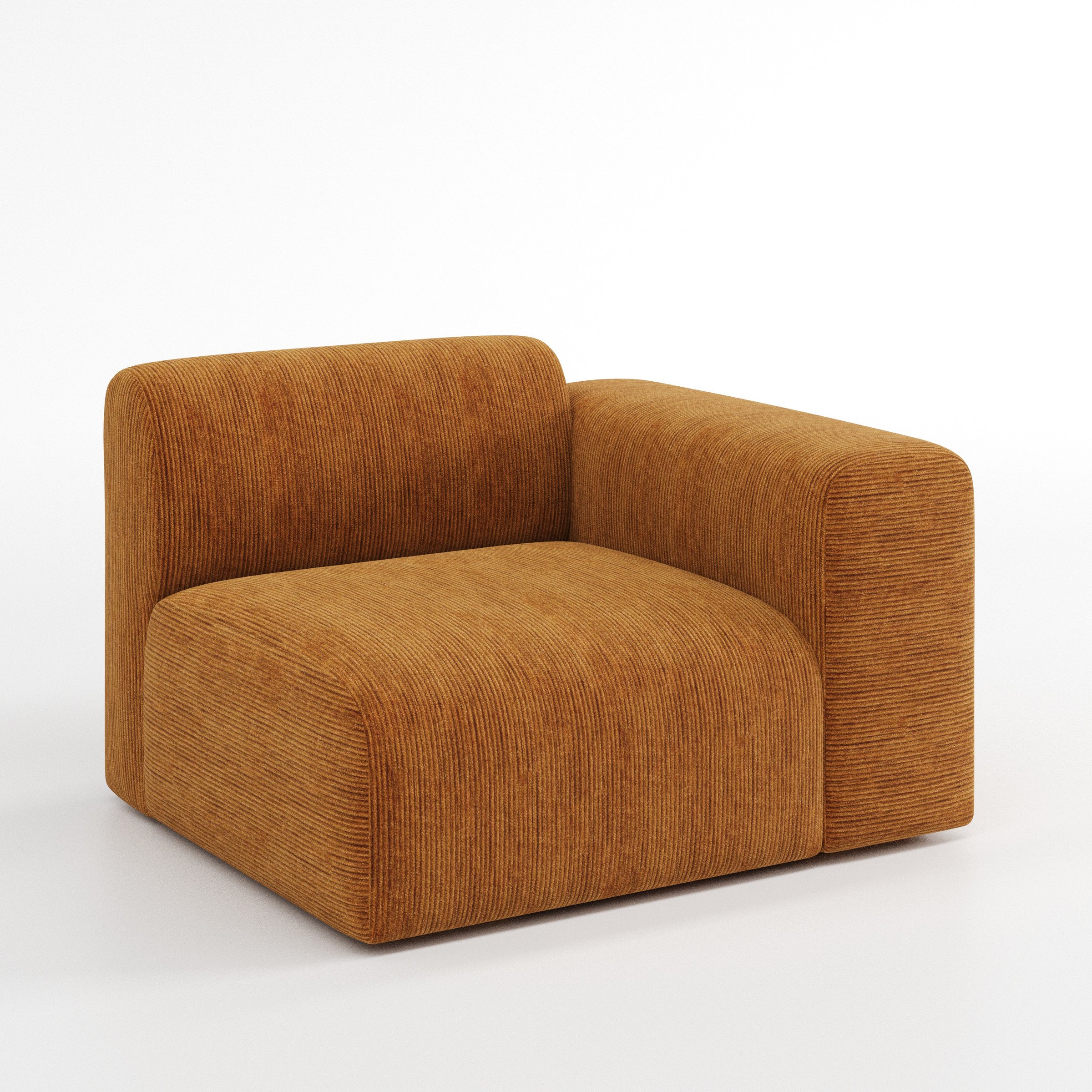 Drumquin modular sofa right side unit in Caldey Velvet Corduroy Tobacco shown at a diagonal angle highlighting the curved right armrest and generous seat depth.