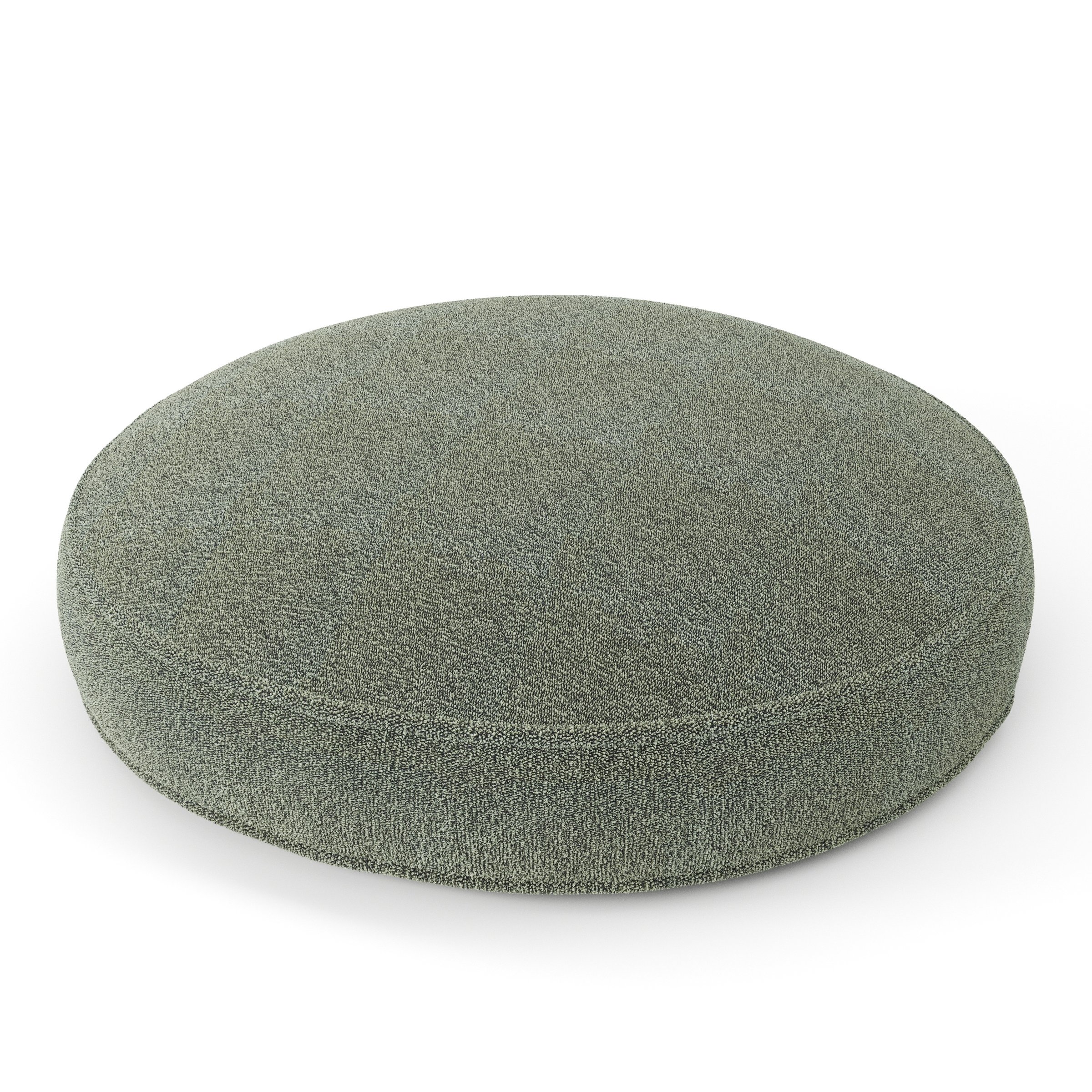 Orbit cushion in Kilda Boucle Moss, round simple cushion with border and piping in textured moss green boucle, size 60cm x 8.75cm