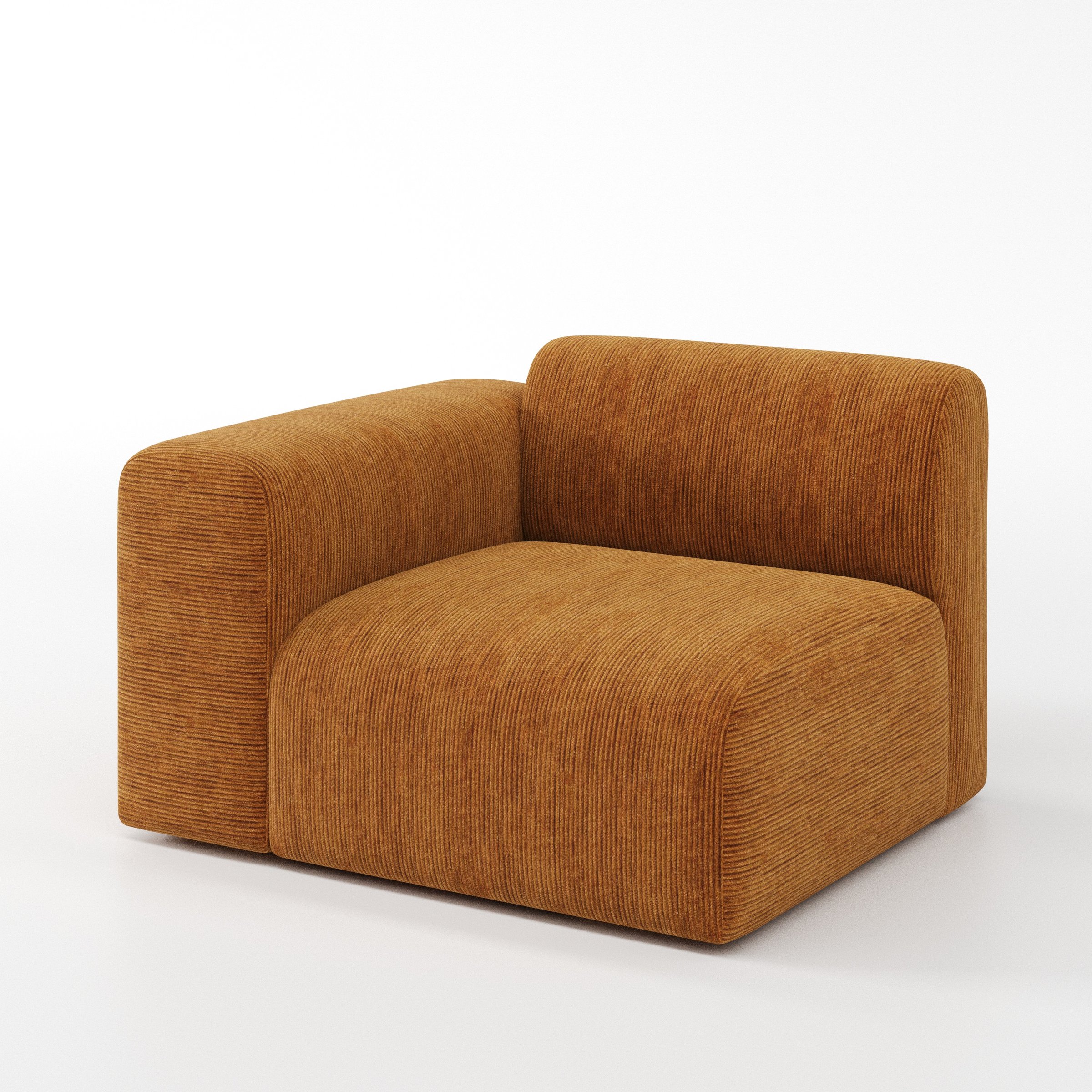 Drumquin modular sofa left side unit in Caldey Velvet Corduroy Tobacco shown at a diagonal angle highlighting the curved left armrest and generous seat depth.