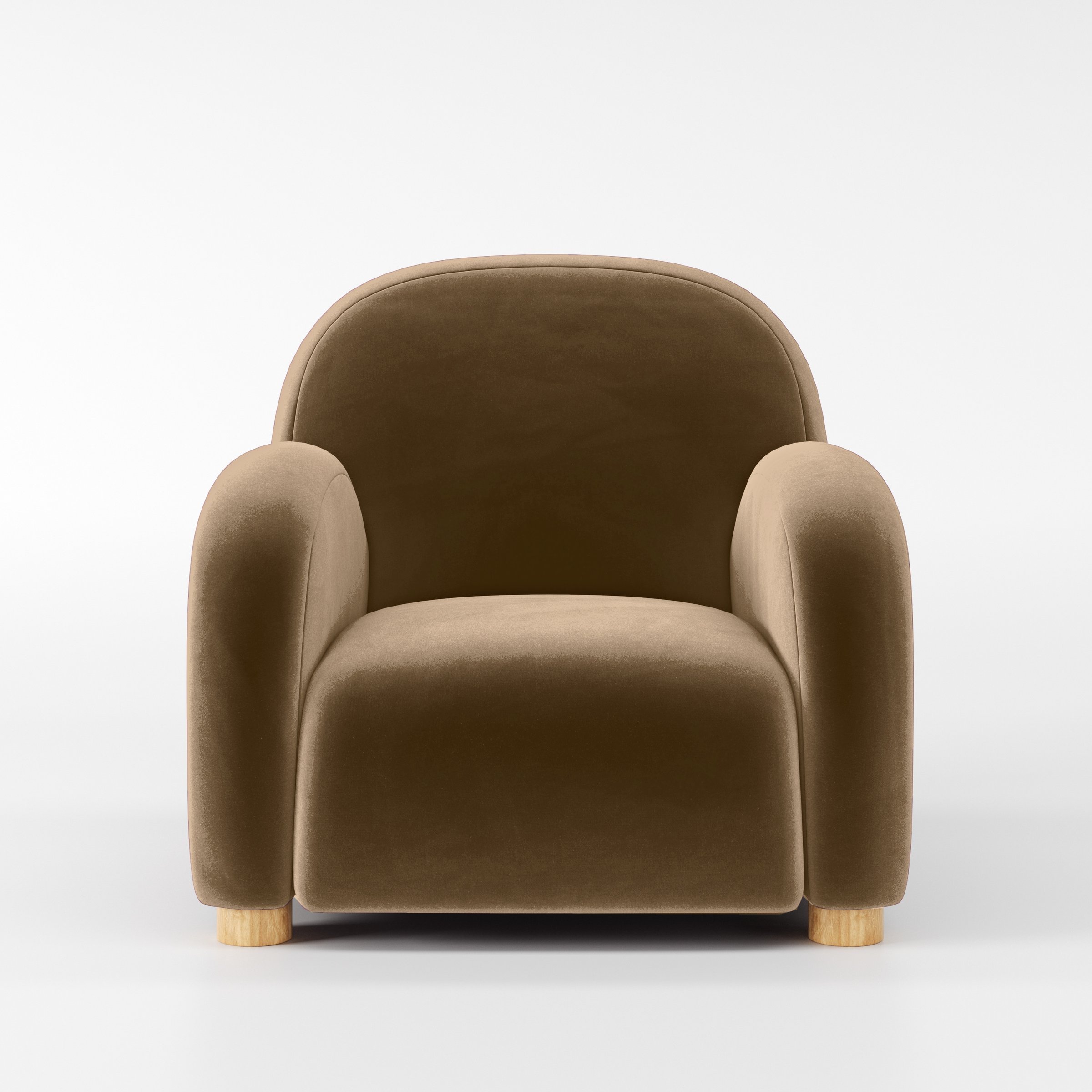 Front view of the Awe armchair upholstered in Plush EasyClean Velvet in Caribou.