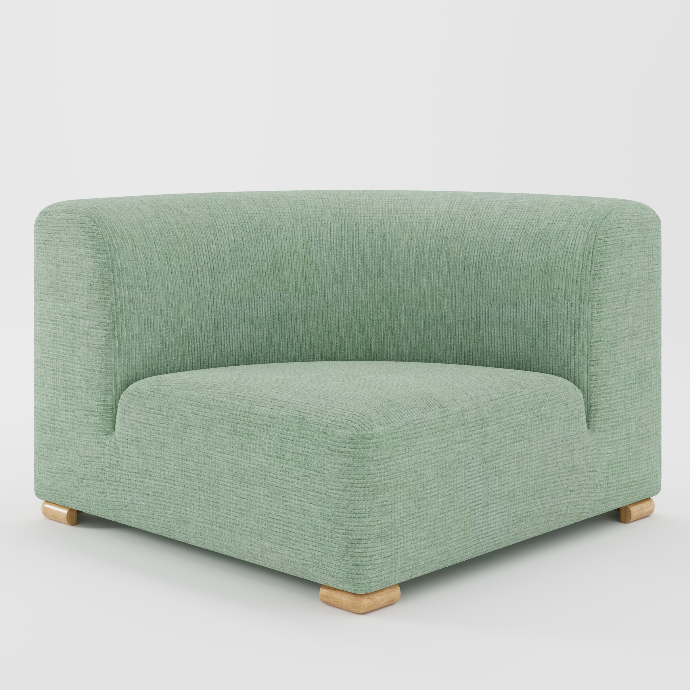 Tay corner sofa unit in Caldey Velvet Corduroy Eucalyptus shown from the front with a curved corner seat, wraparound backrest and visible timber feet.