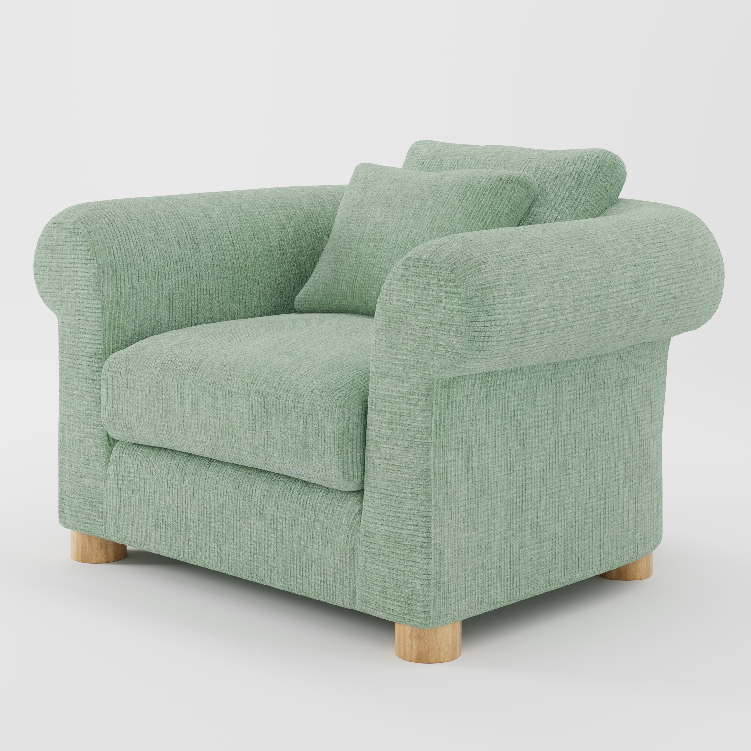 Windermere armchair in Caldey Velvet Corduroy Eucalyptus shown at a diagonal angle highlighting rounded arms and relaxed seat depth.
