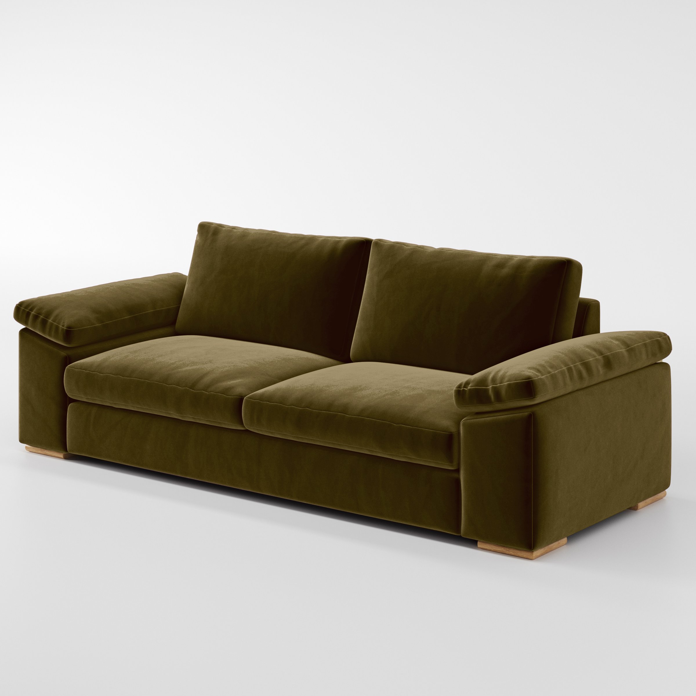 Diagonal view of the Moy sofa upholstered in Plush EasyClean Velvet in Cedar.