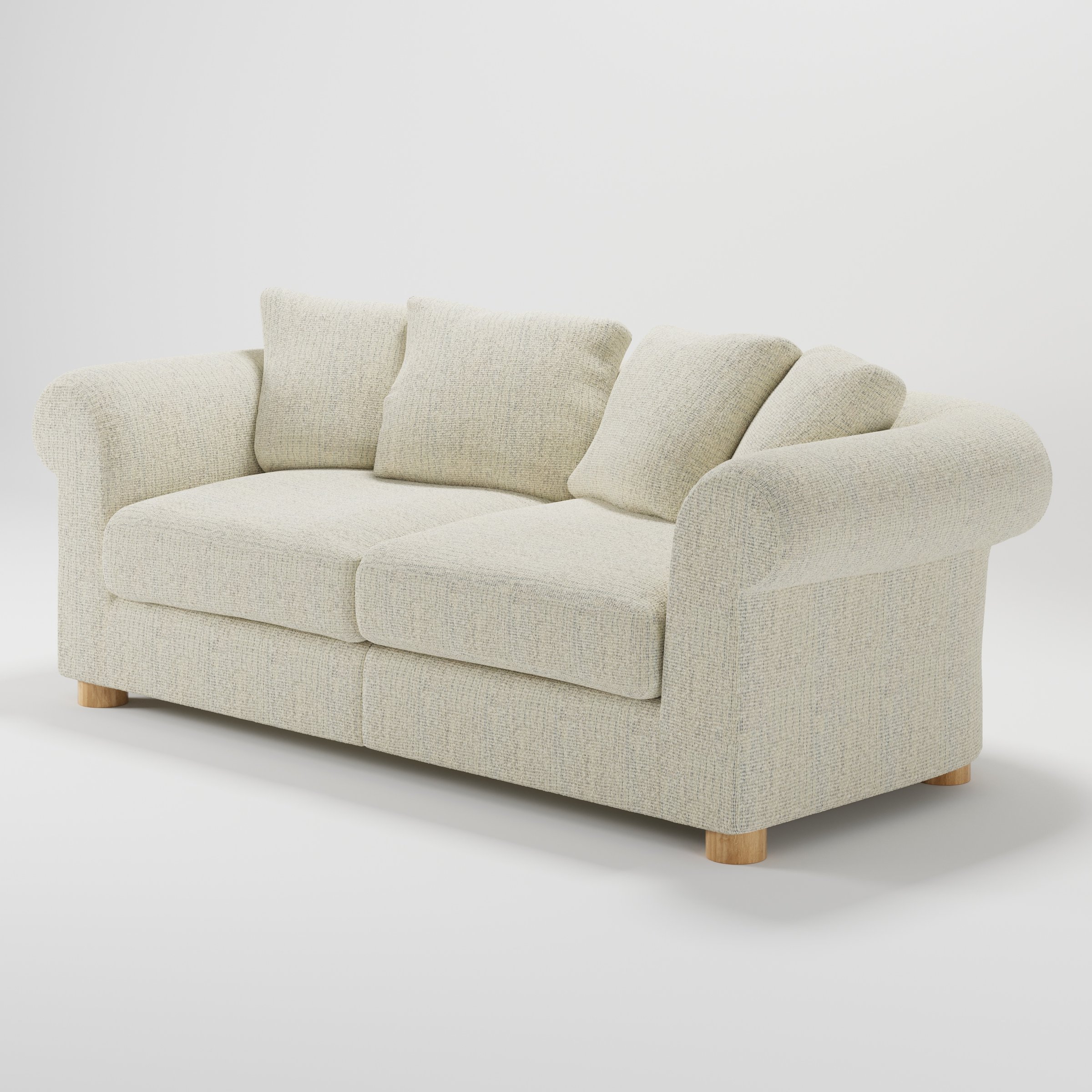 Windermere sofa in Orsay Boucle Cream and Marine shown at a diagonal angle highlighting arm profile and seat depth.