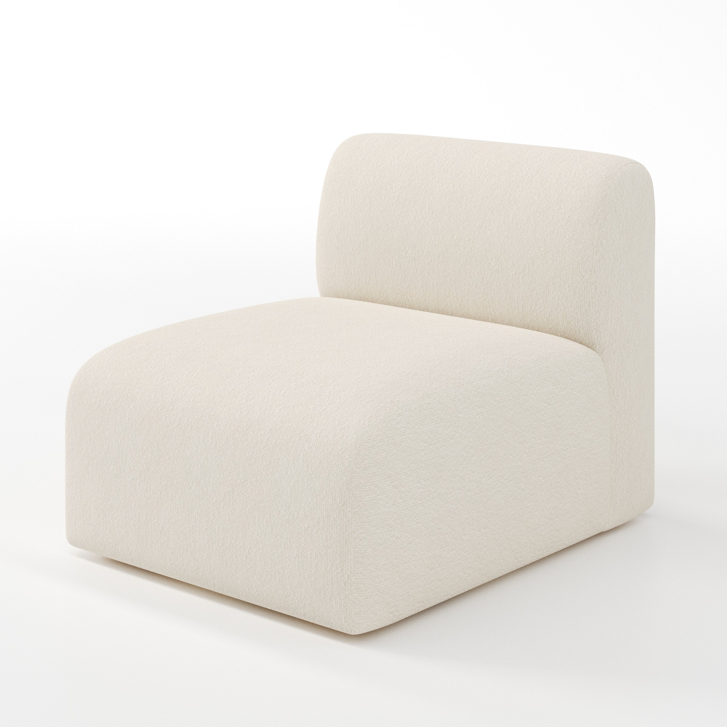 Drumquin modular sofa single unit in Kilda Bouclé Cream shown at a diagonal angle highlighting its curved form and generous proportions.