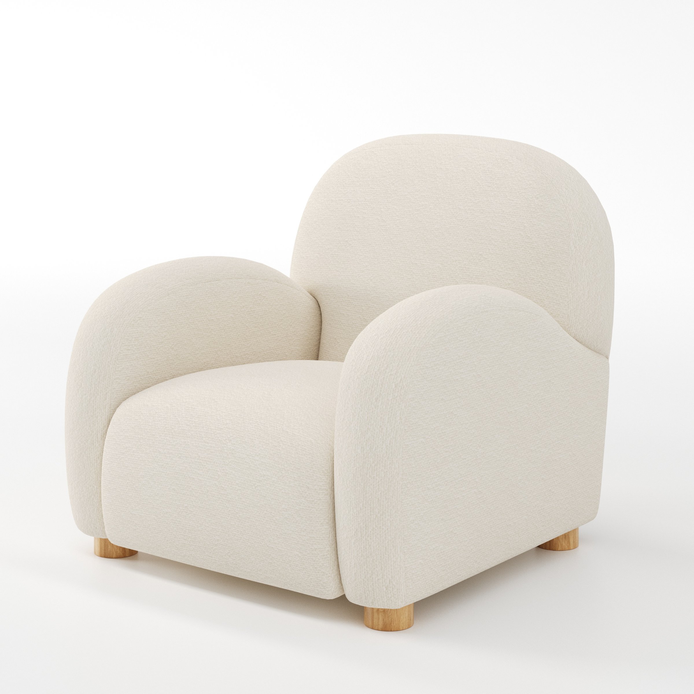 Awe armchair in Kilda Boucle Cream shown at a diagonal angle highlighting arms and seat depth.