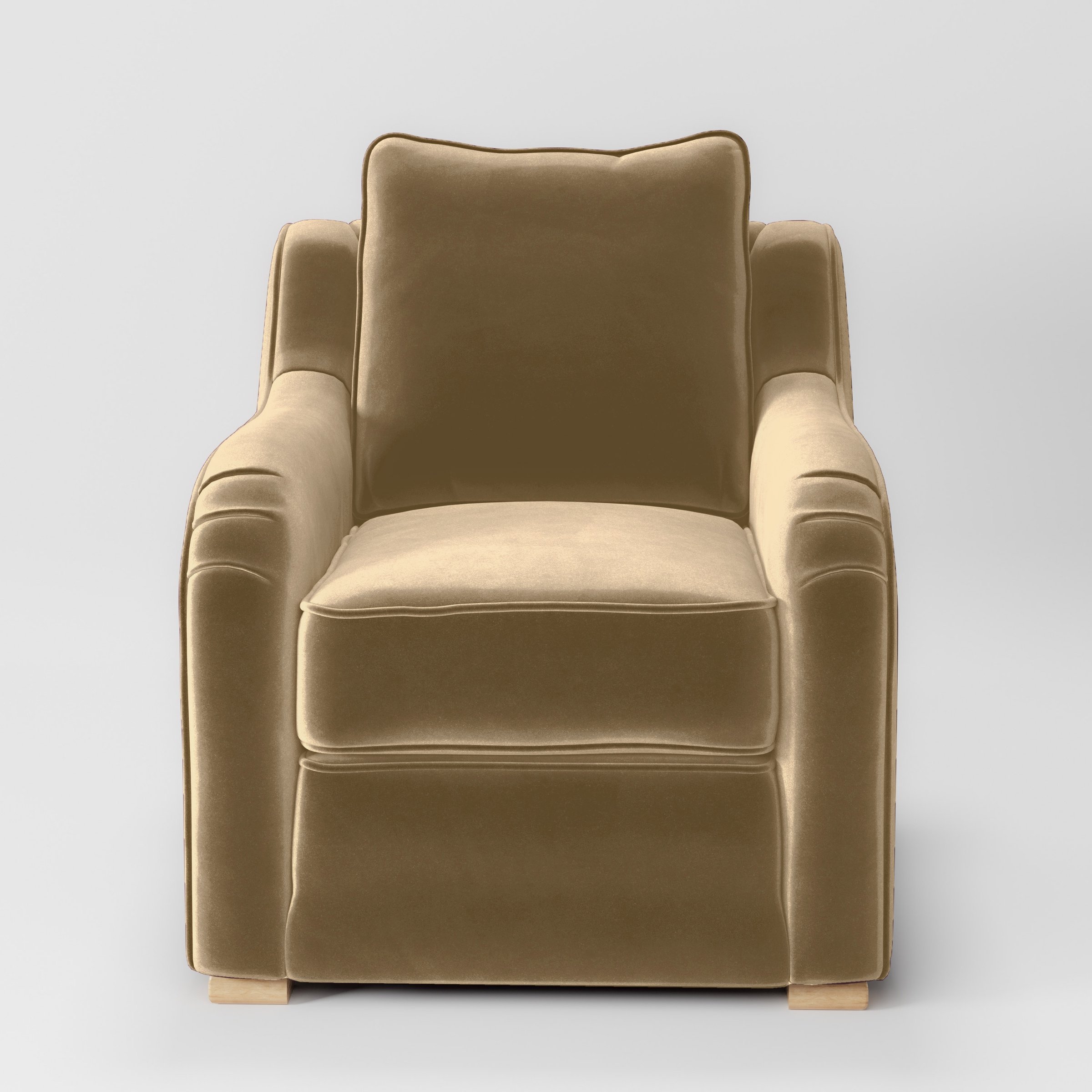 Front view of the Cashel armchair upholstered in Plush EasyClean Velvet in Cafe.