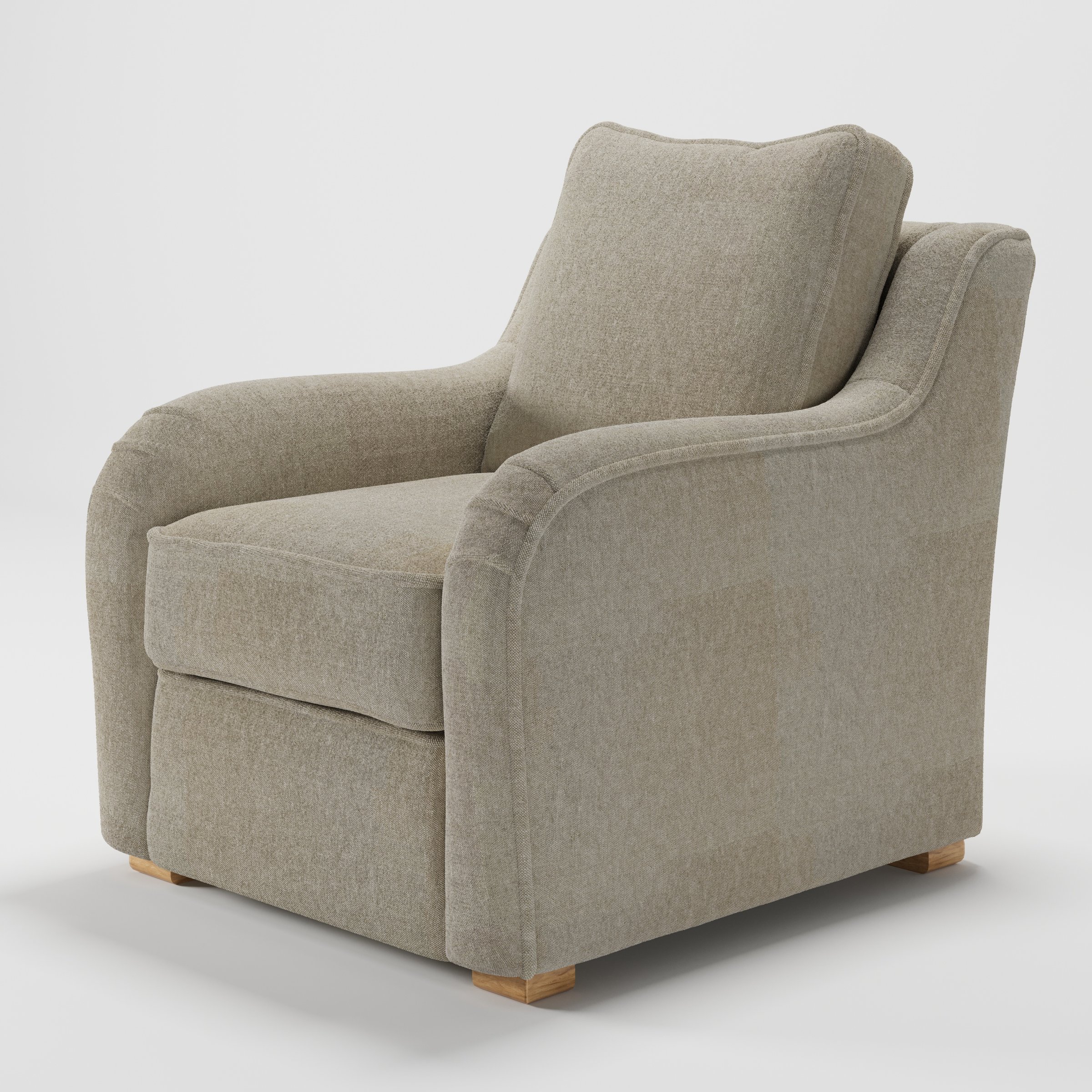 Cashel armchair in Alderney Linen Oatmeal shown at a diagonal angle highlighting curved arms and seat depth.