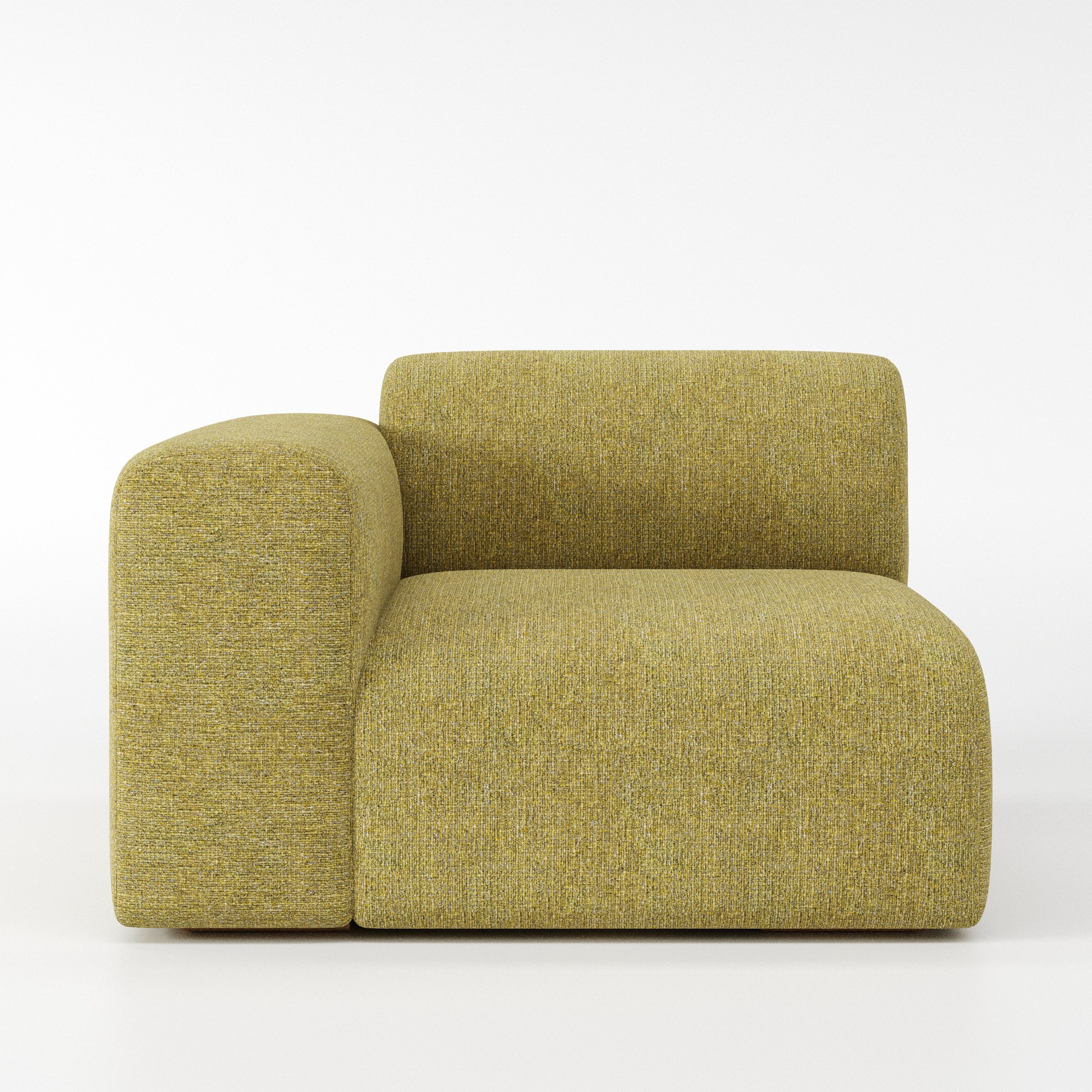 Drumquin modular sofa left side unit in Heyling Tweed Sencha shown from the front with a low, deep seat and a rounded left armrest.