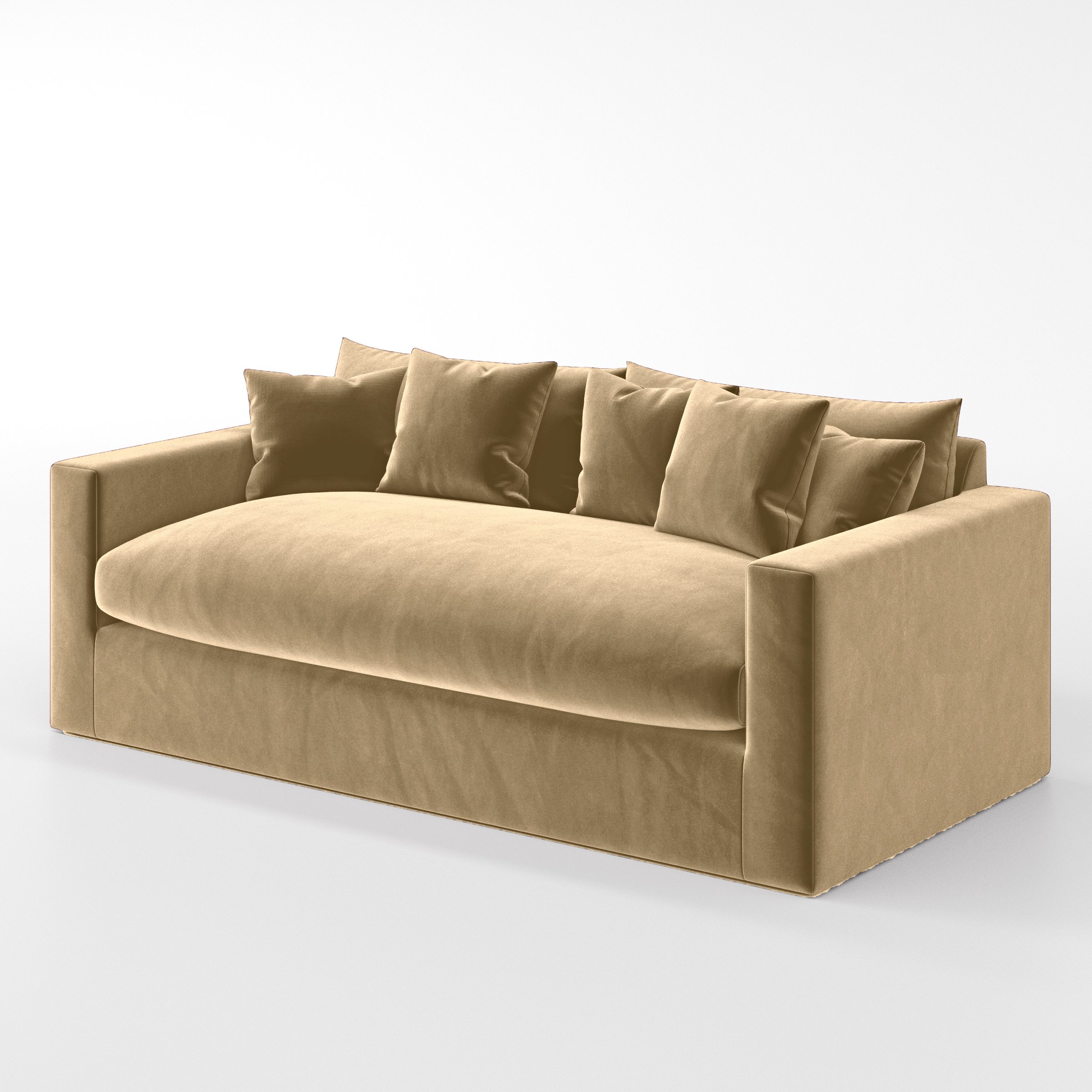 Diagonal view of the Coniston sofa upholstered in Plush EasyClean Velvet in Cafe.