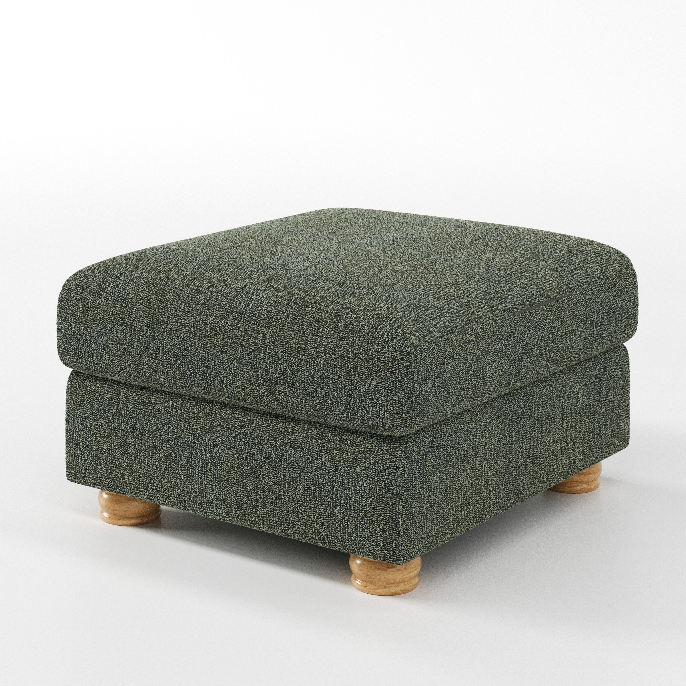 Anna Lee footstool in Kilda Boucle Moss shown at a diagonal angle highlighting soft cushioning and turned wooden feet.