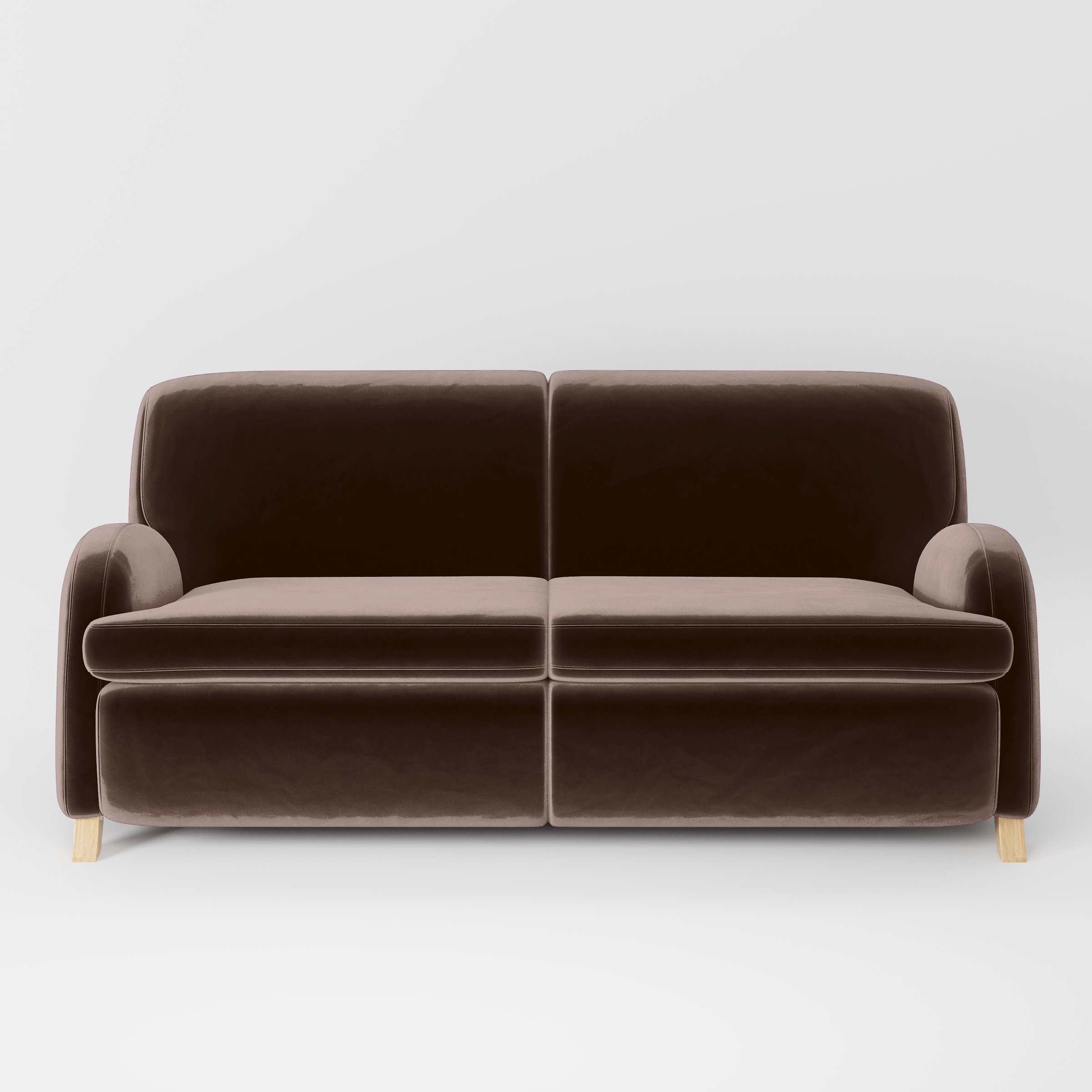 Front view of the Rye sofa upholstered in Plush EasyClean Velvet in Mole.