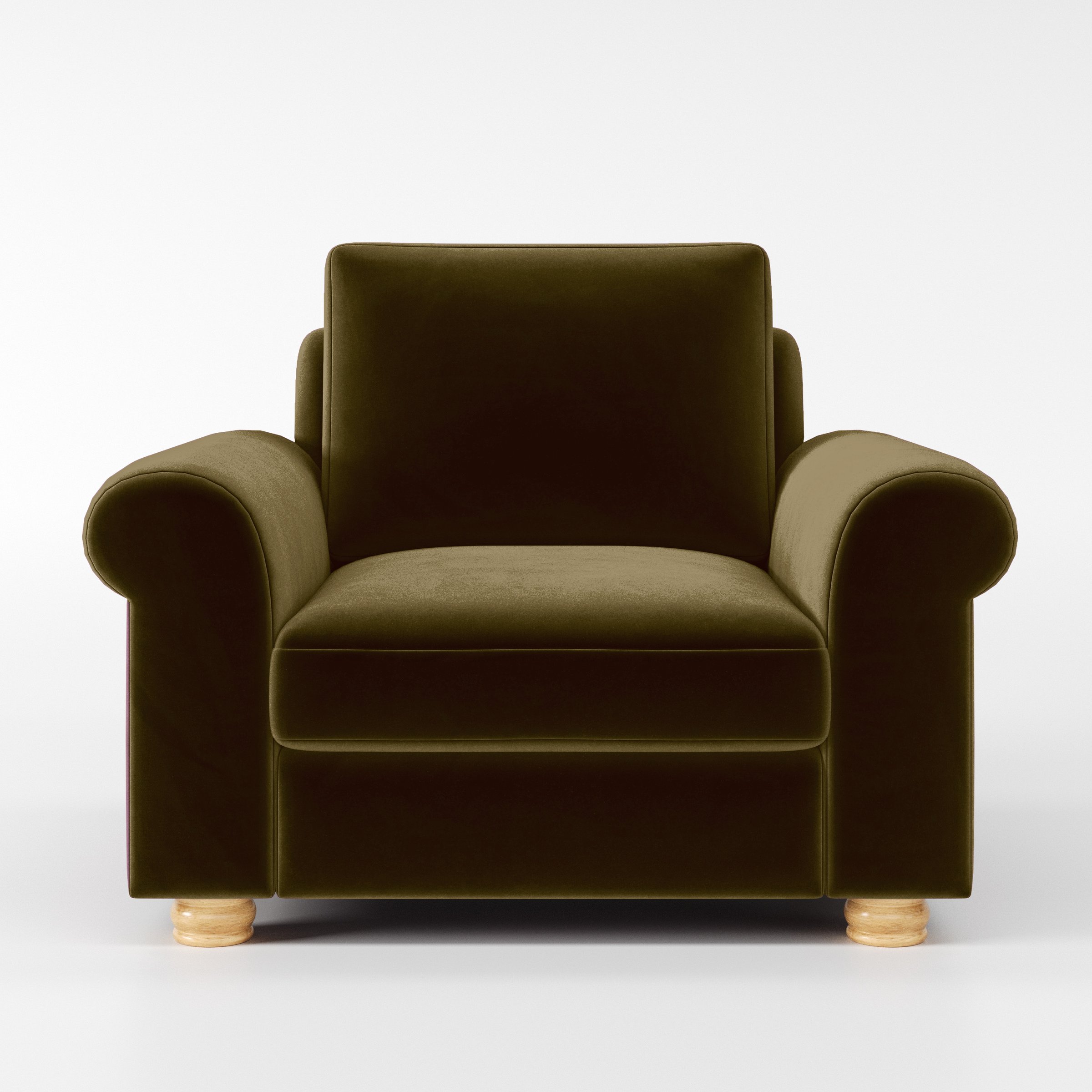 Front view of the Anna Lee armchair upholstered in Plush EasyClean Velvet in Cedar.