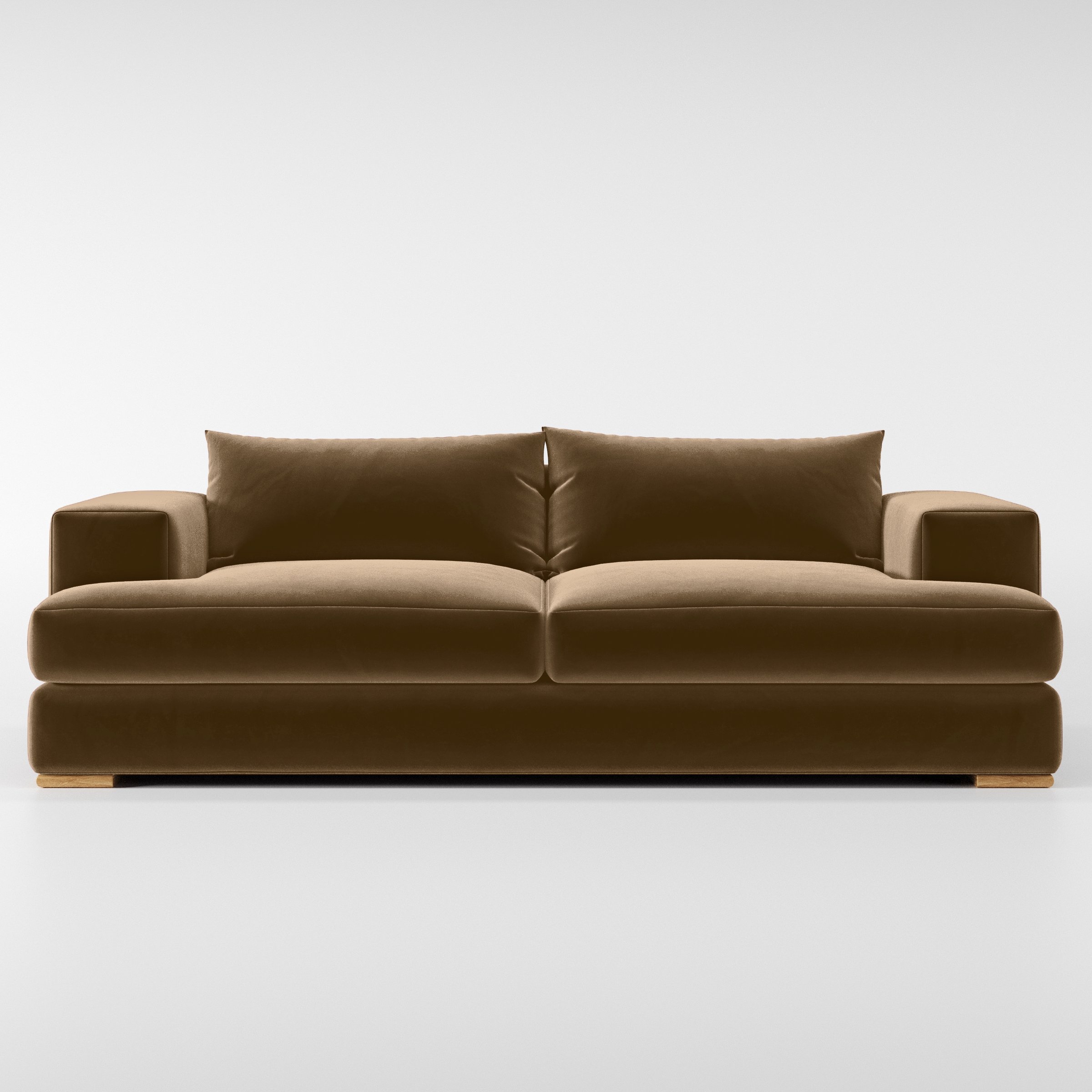 Front view of the Fane sofa upholstered in Plush EasyClean Velvet in Caribou.